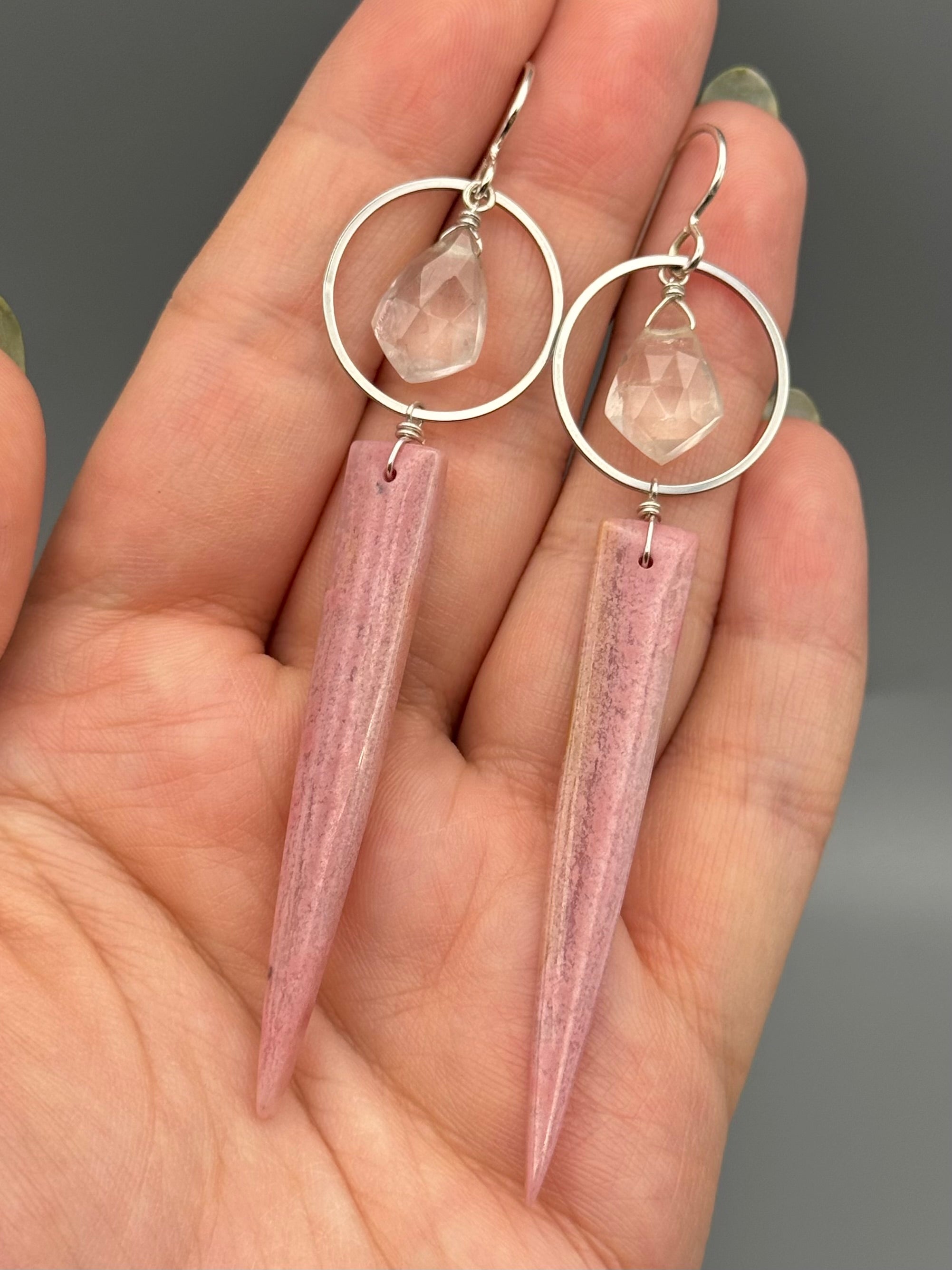 •LUNA• rose quartz + rhodonite in quartz silver earrings