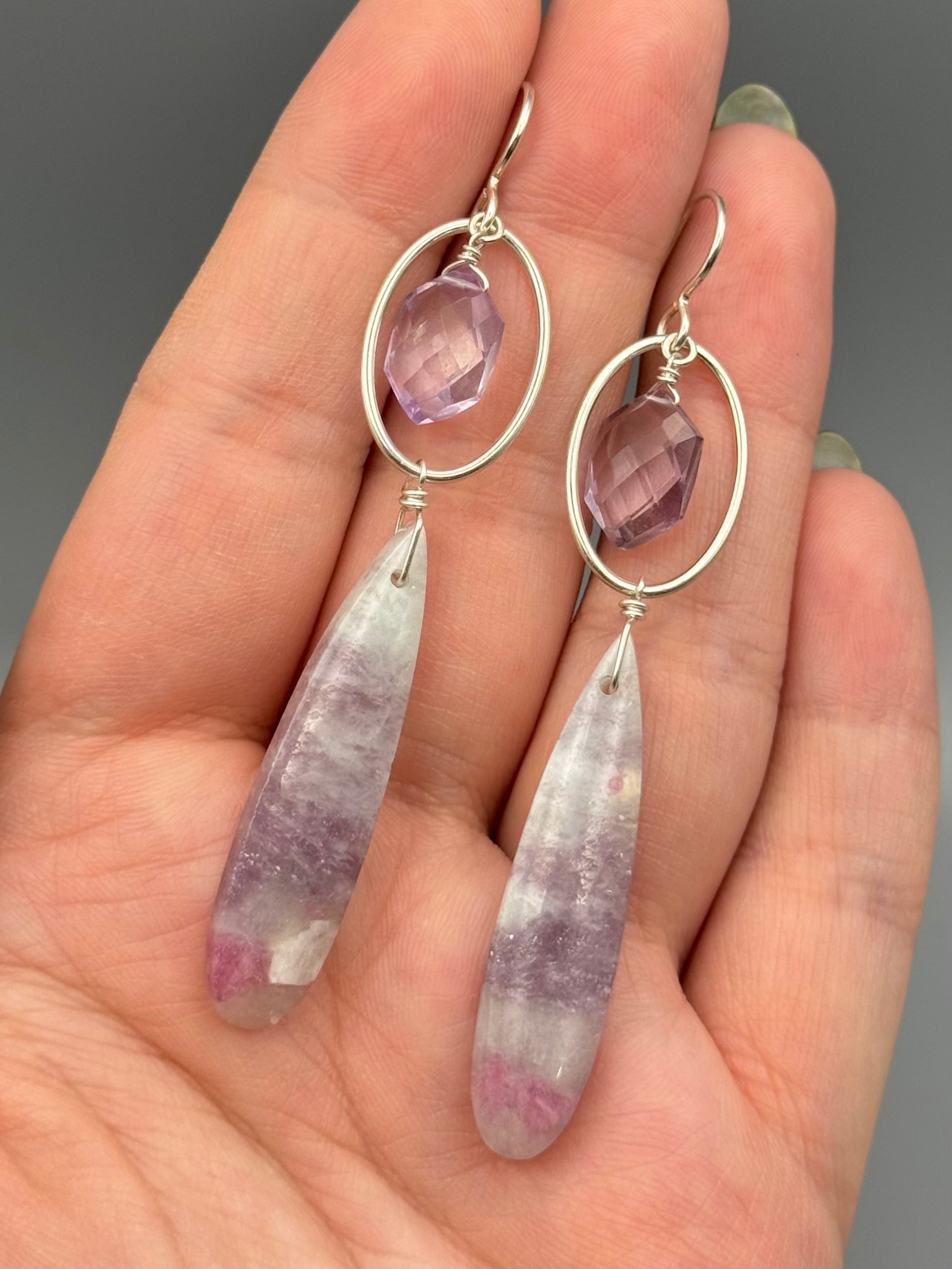 •LUNA• amethyst + tourmaline in lepidolite silver earrings