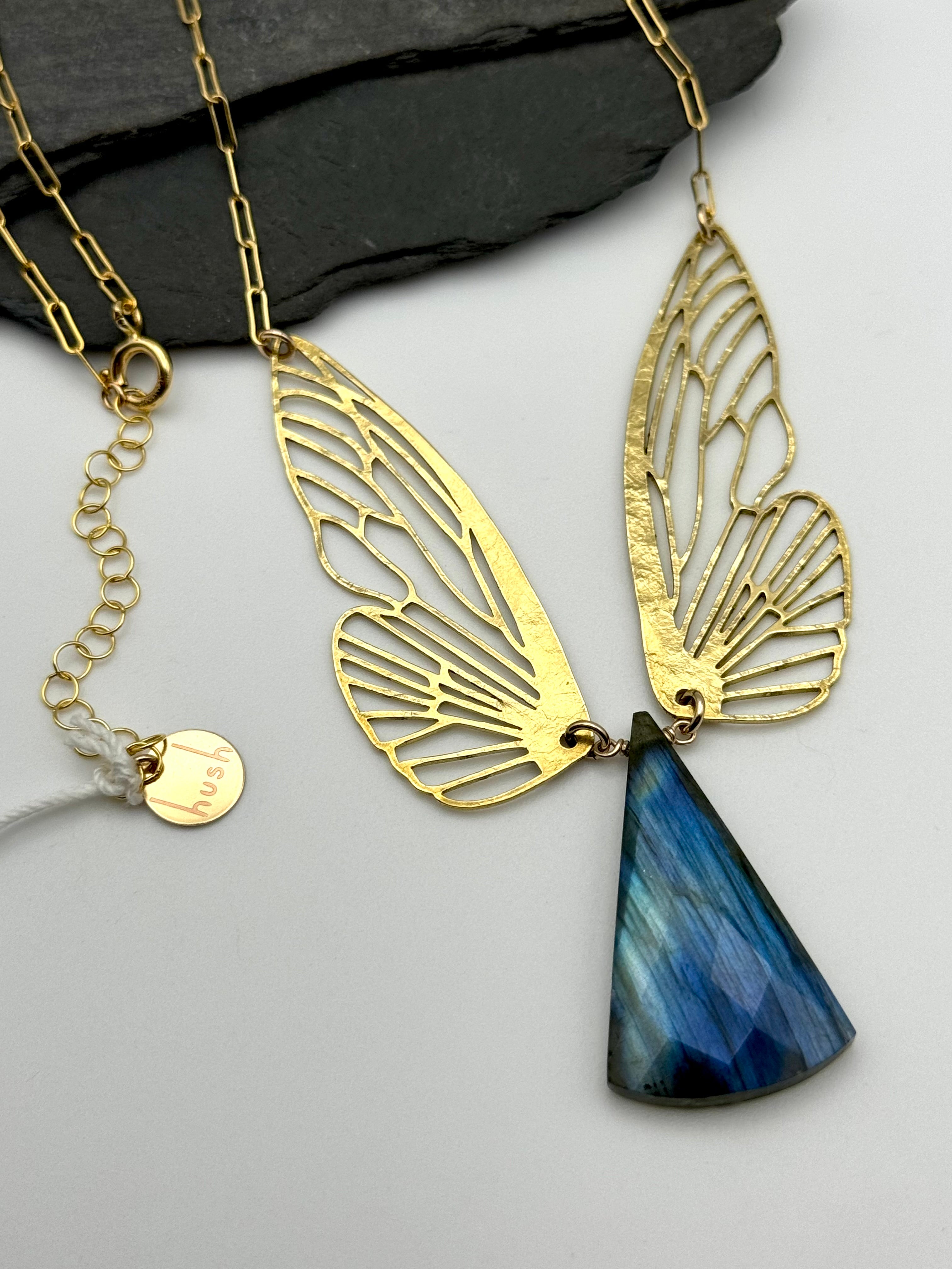 •METAMORPH• labradorite + wings + gold necklace (18"-20" long)