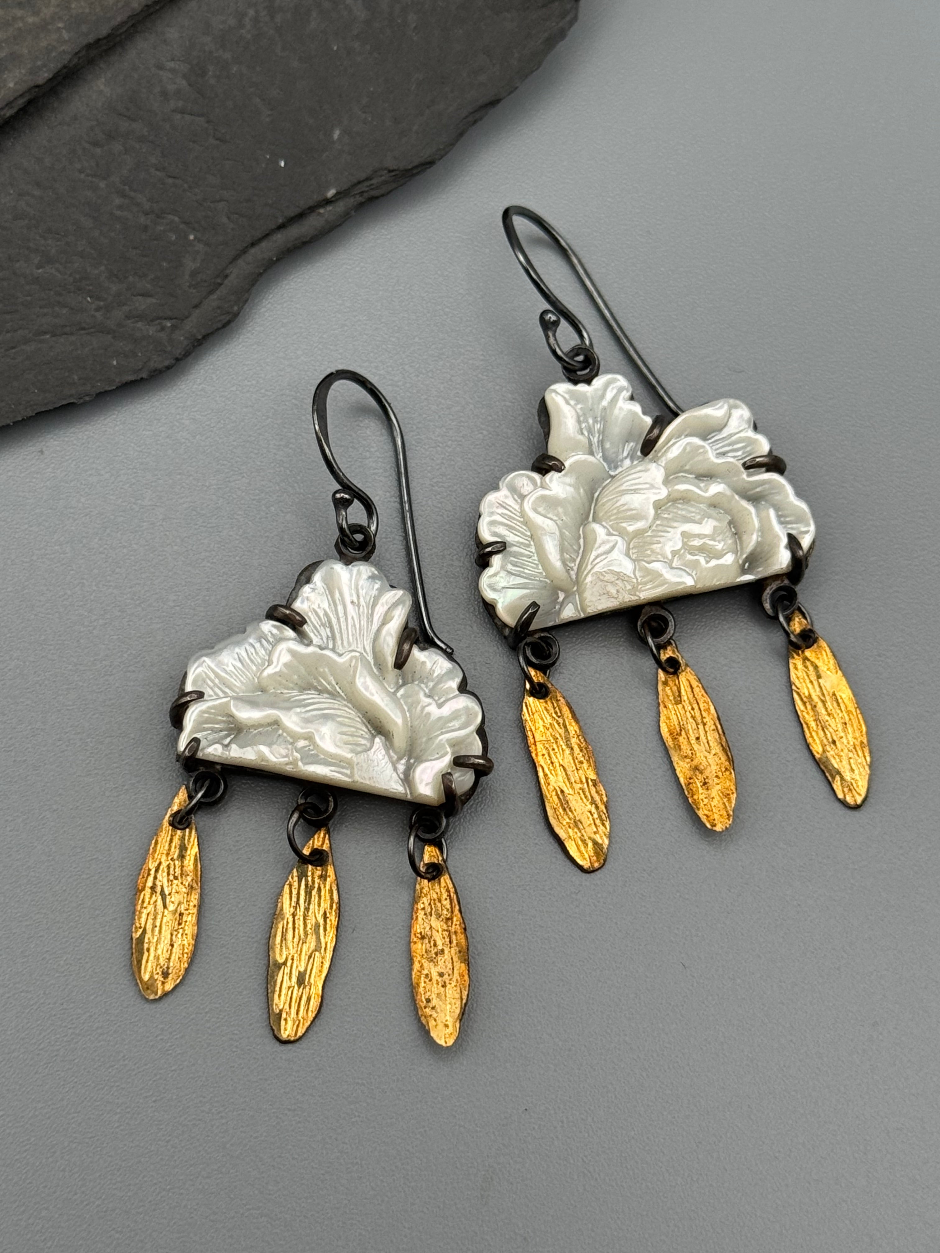 •RAIN FLOWER• carved mother of pearl + mixed metal dangle earrings
