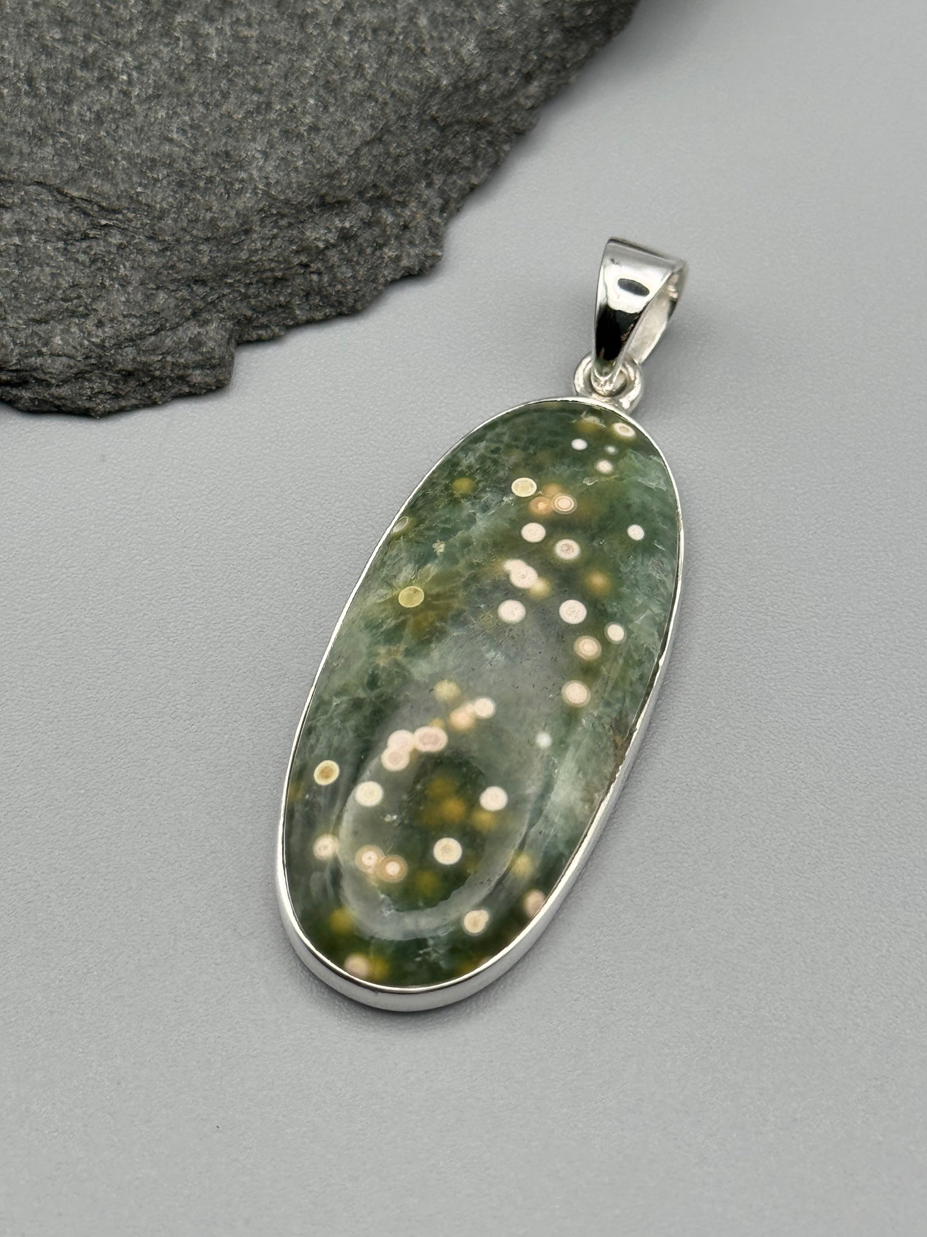 •OCEAN JASPER - ELONGATED OVAL• sterling silver pendant