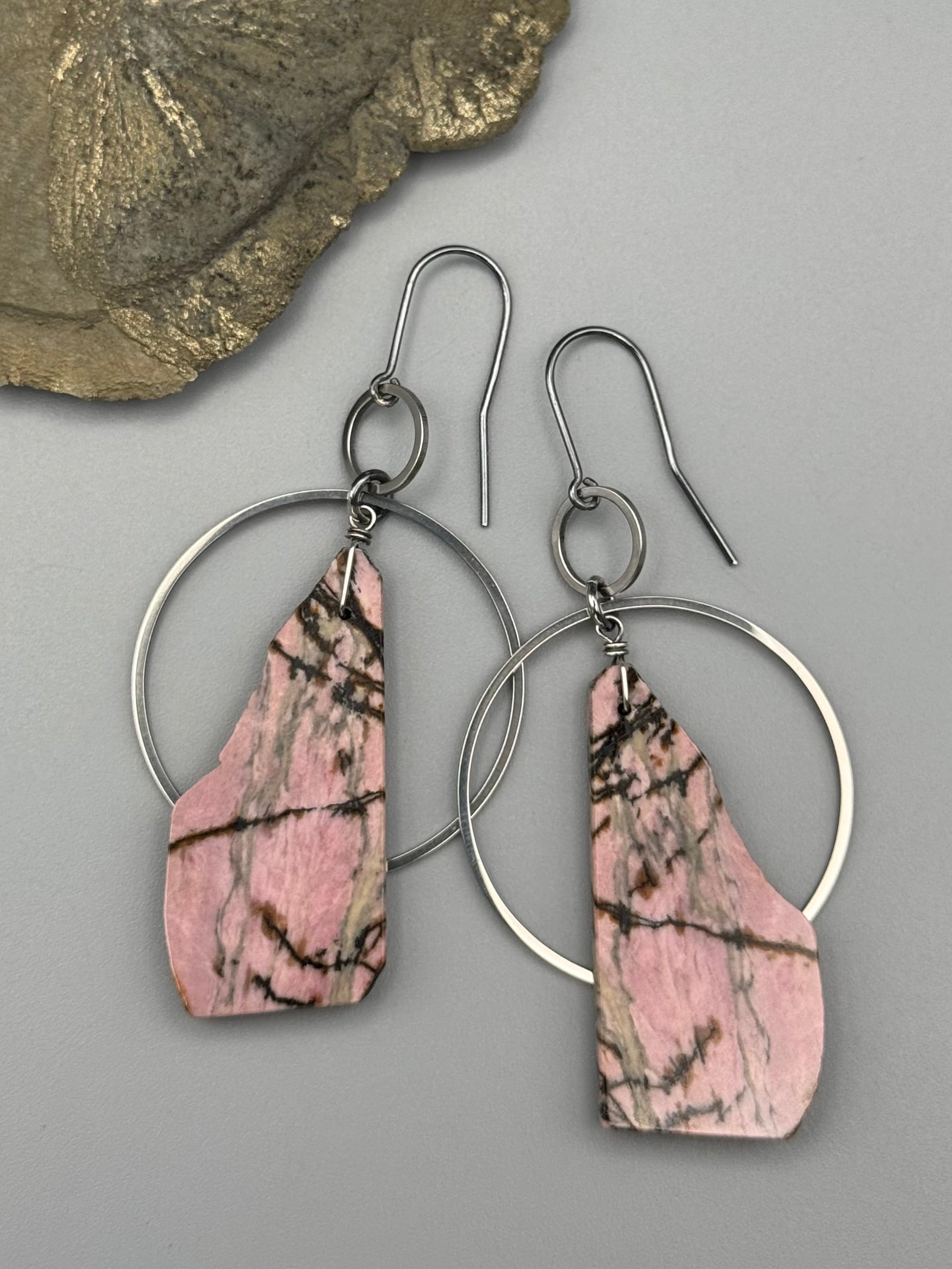•EQUA-ORBIT• rhodonite slab + silver earrings