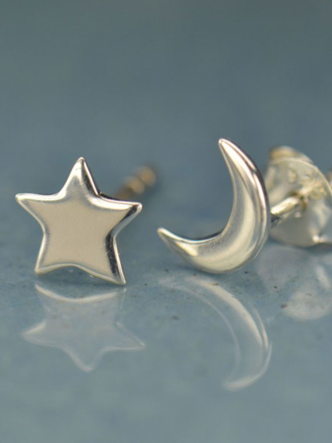 •CRESCENT MOON & STAR• recycled silver stud earrings