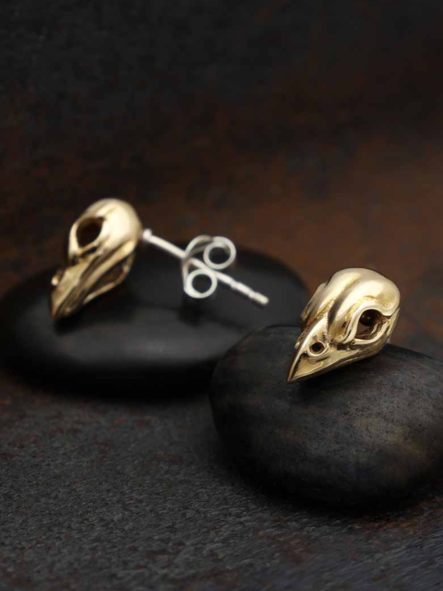 •SPARROW SKULL• bronze stud earrings