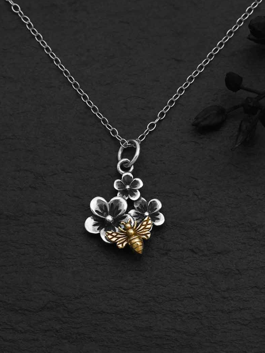 •BEE & CHERRY BLOSSOM• recycled silver + bronze necklace