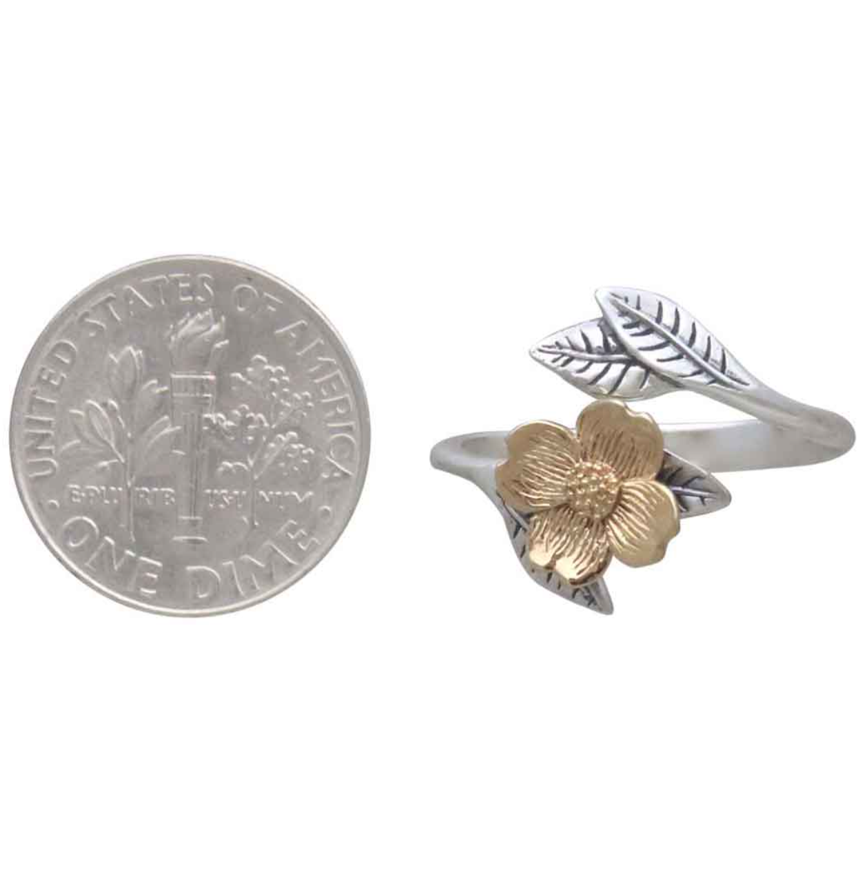 •DOGWOOD & LEAVES• adjustable recycled silver + bronze ring