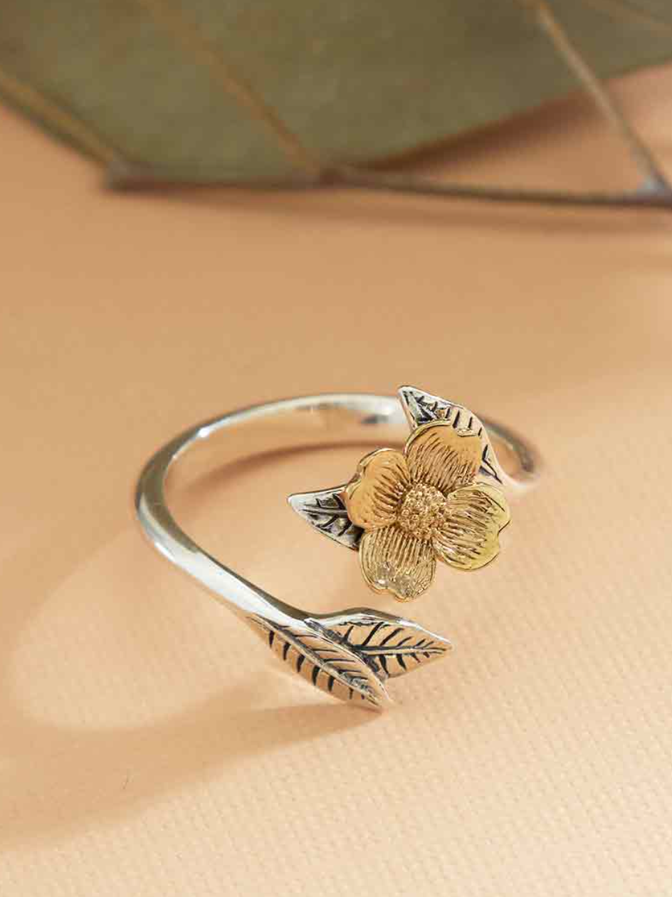 •DOGWOOD & LEAVES• adjustable recycled silver + bronze ring