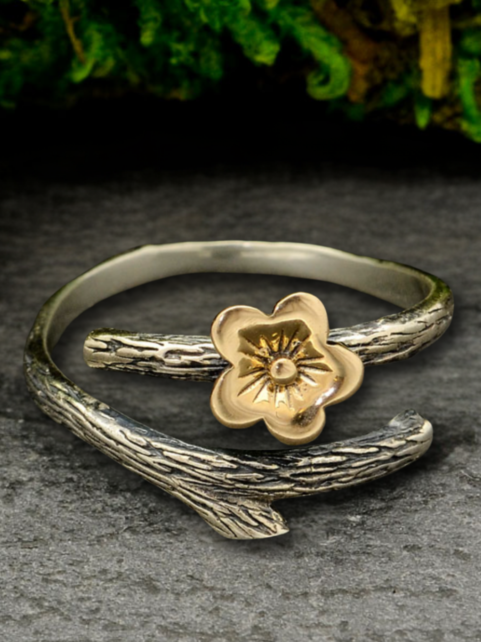 •BLOSSOM & BRANCH• adjustable recycled silver + bronze ring