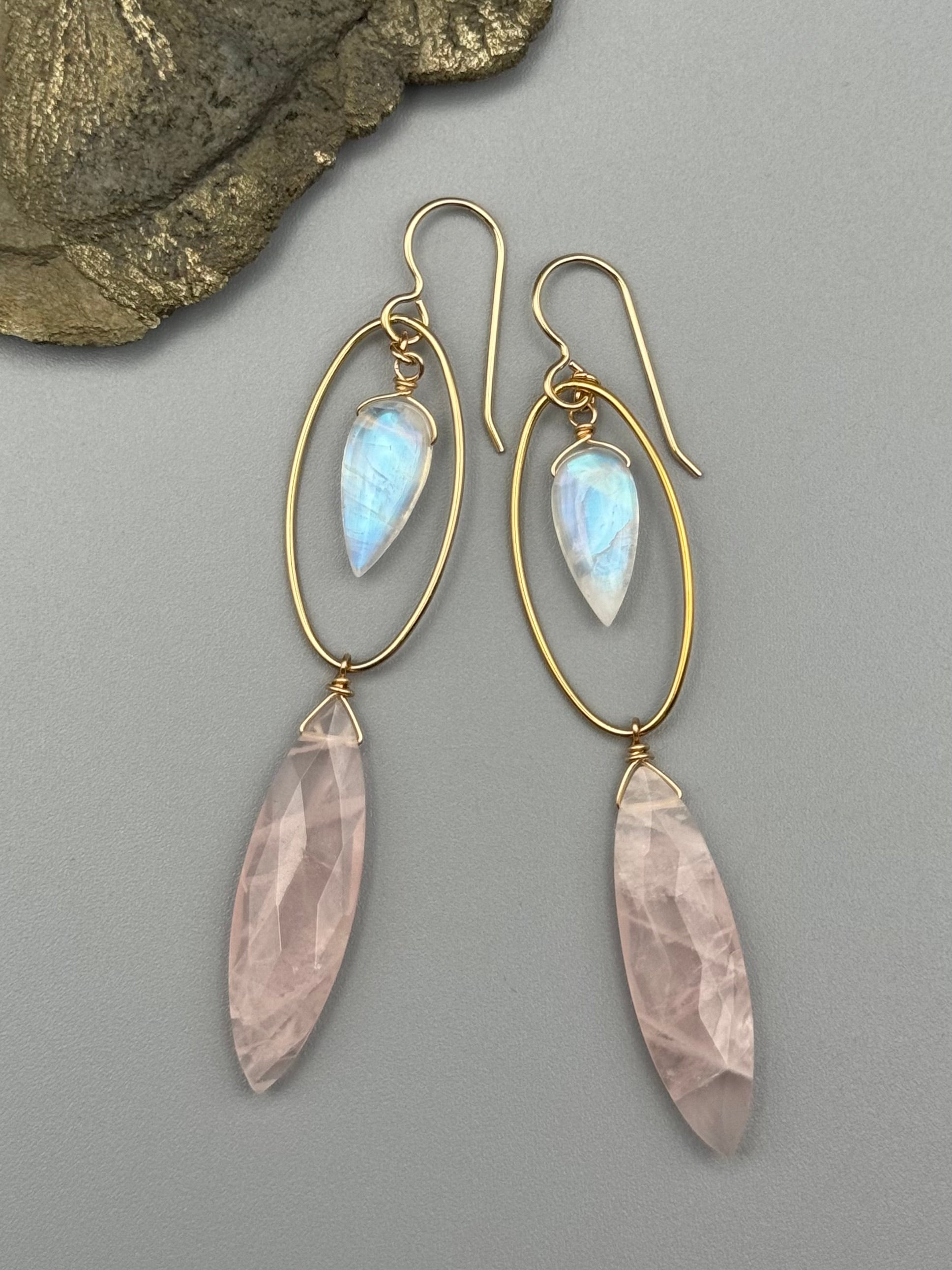 •LUNA• rainbow moonstone + rose quartz gold earrings