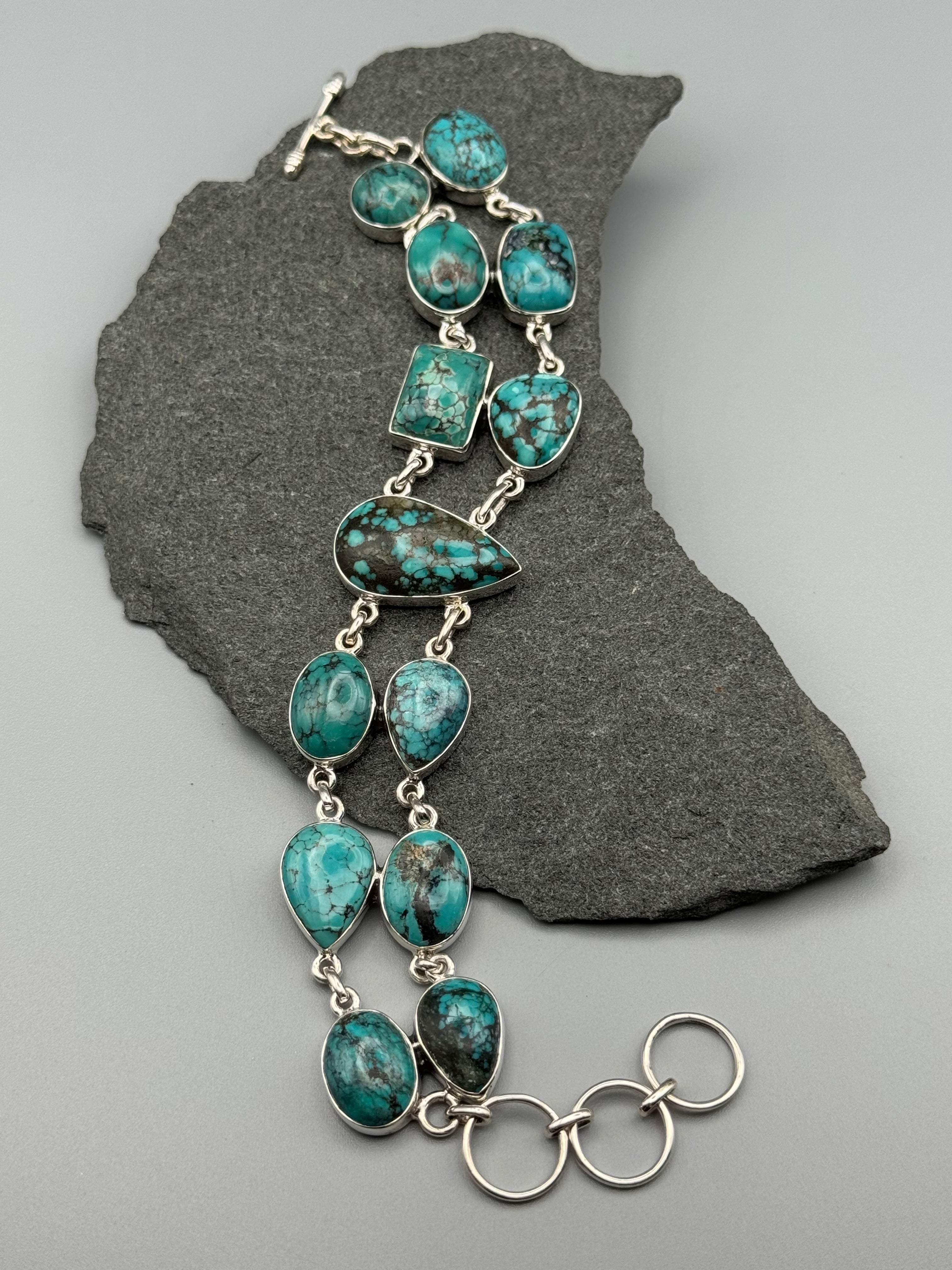 •TIBETAN TURQUOISE - TWOFOLD• linked silver bracelet (7" - 8")