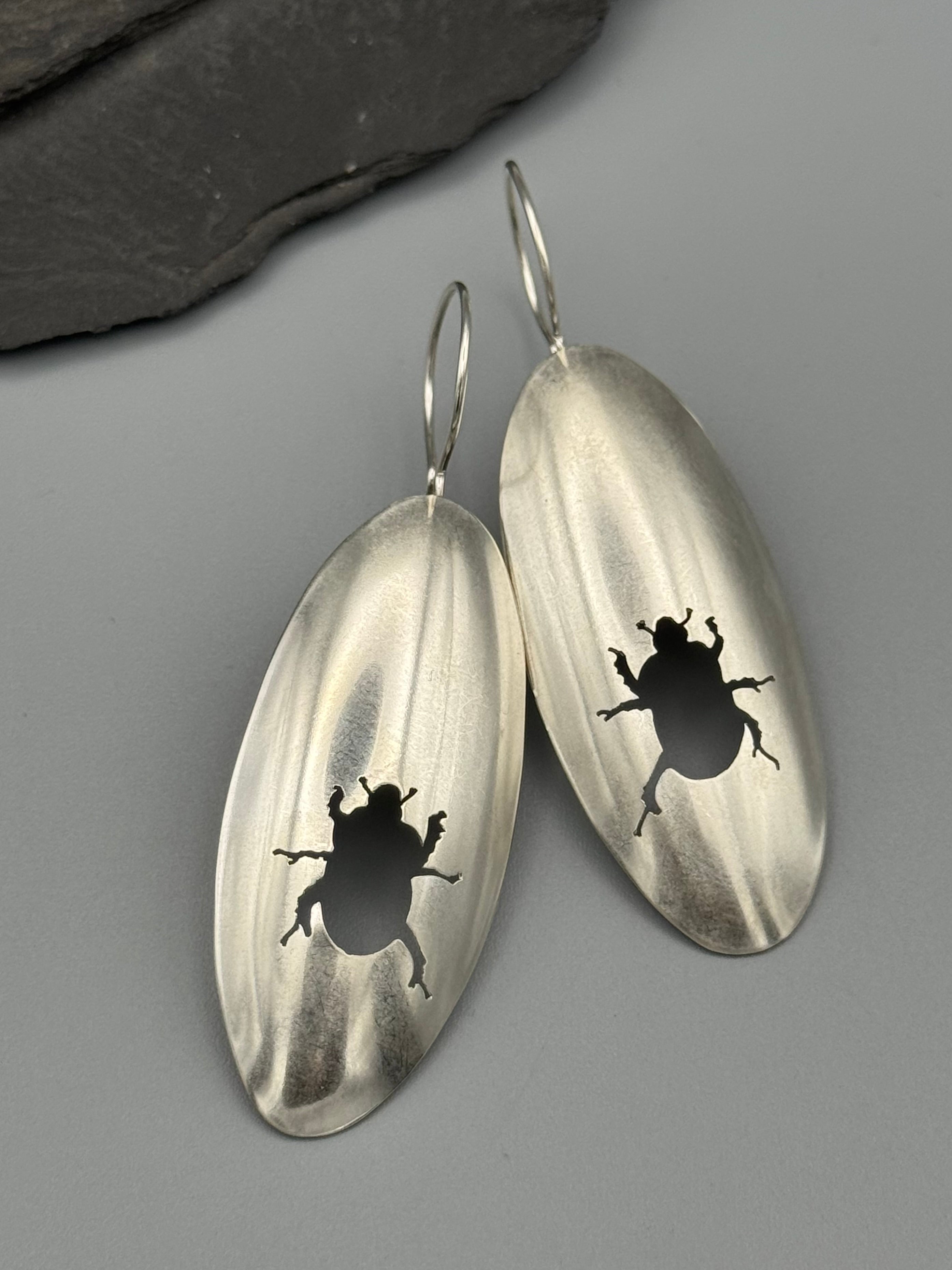 •SCARAB - OVAL• beetle silhouette + silver dangle earrings