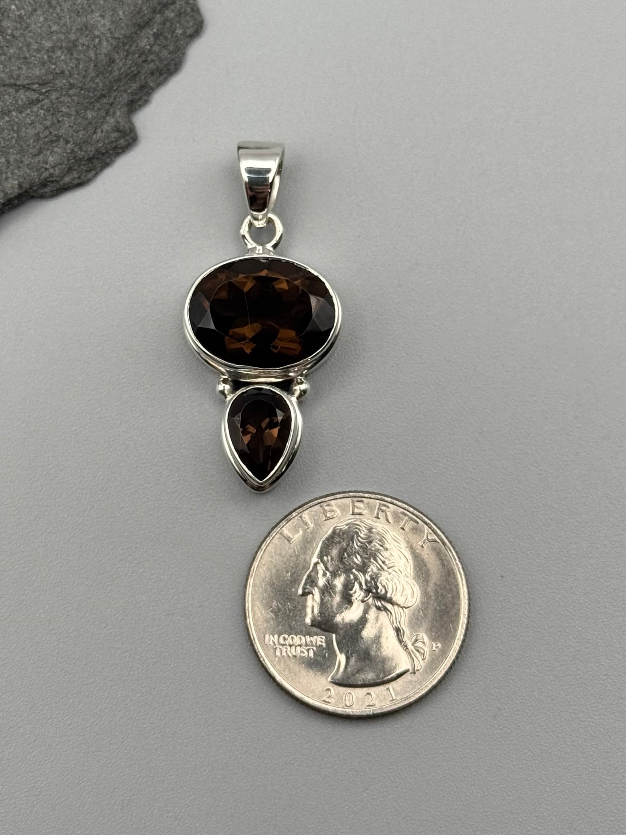 •SMOKY QUARTZ - FACETED DUO• sterling silver pendant