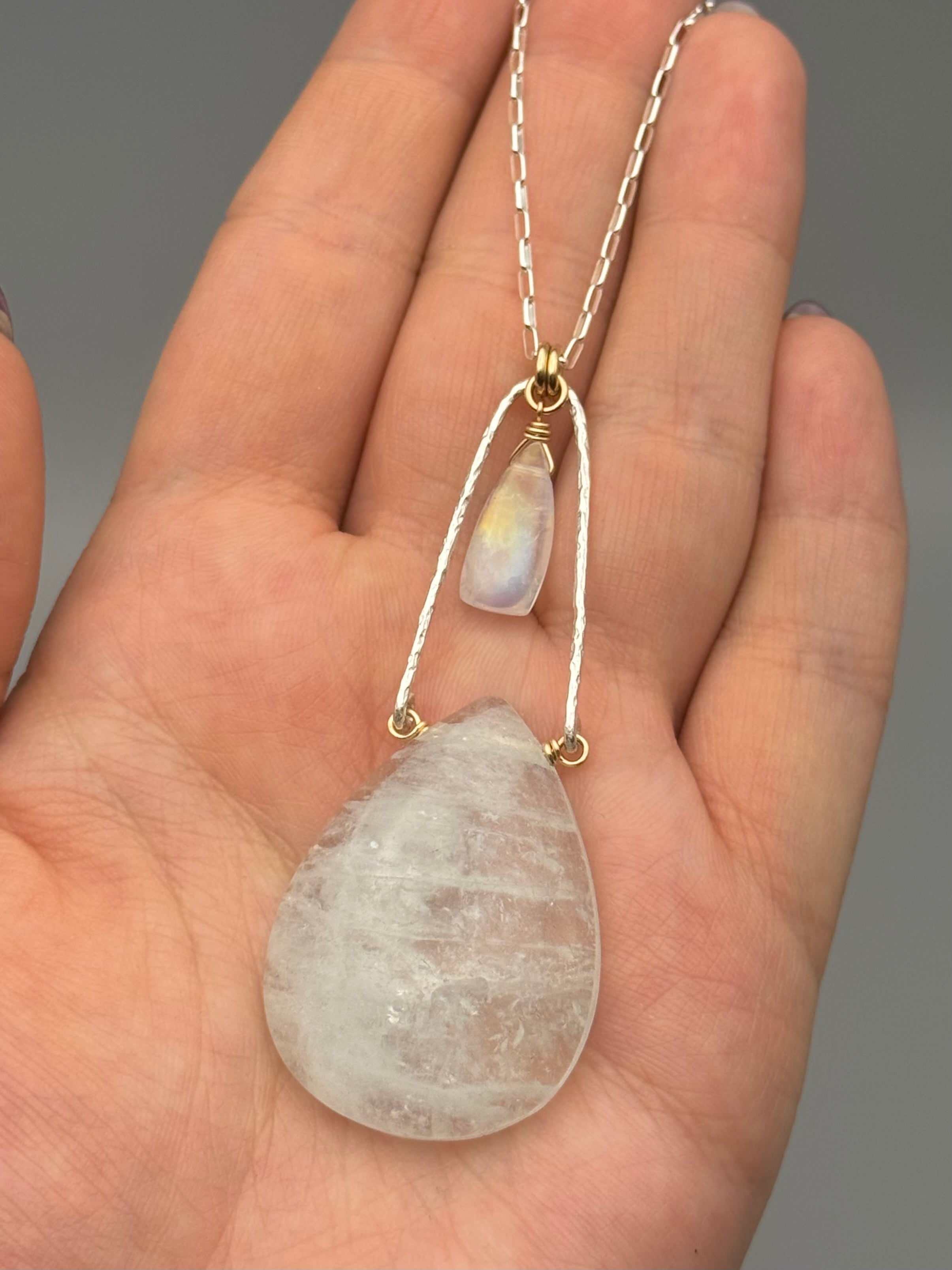 •INVOKE• rainbow moonstone + aquamarine mixed metal necklace (26"-28" long)
