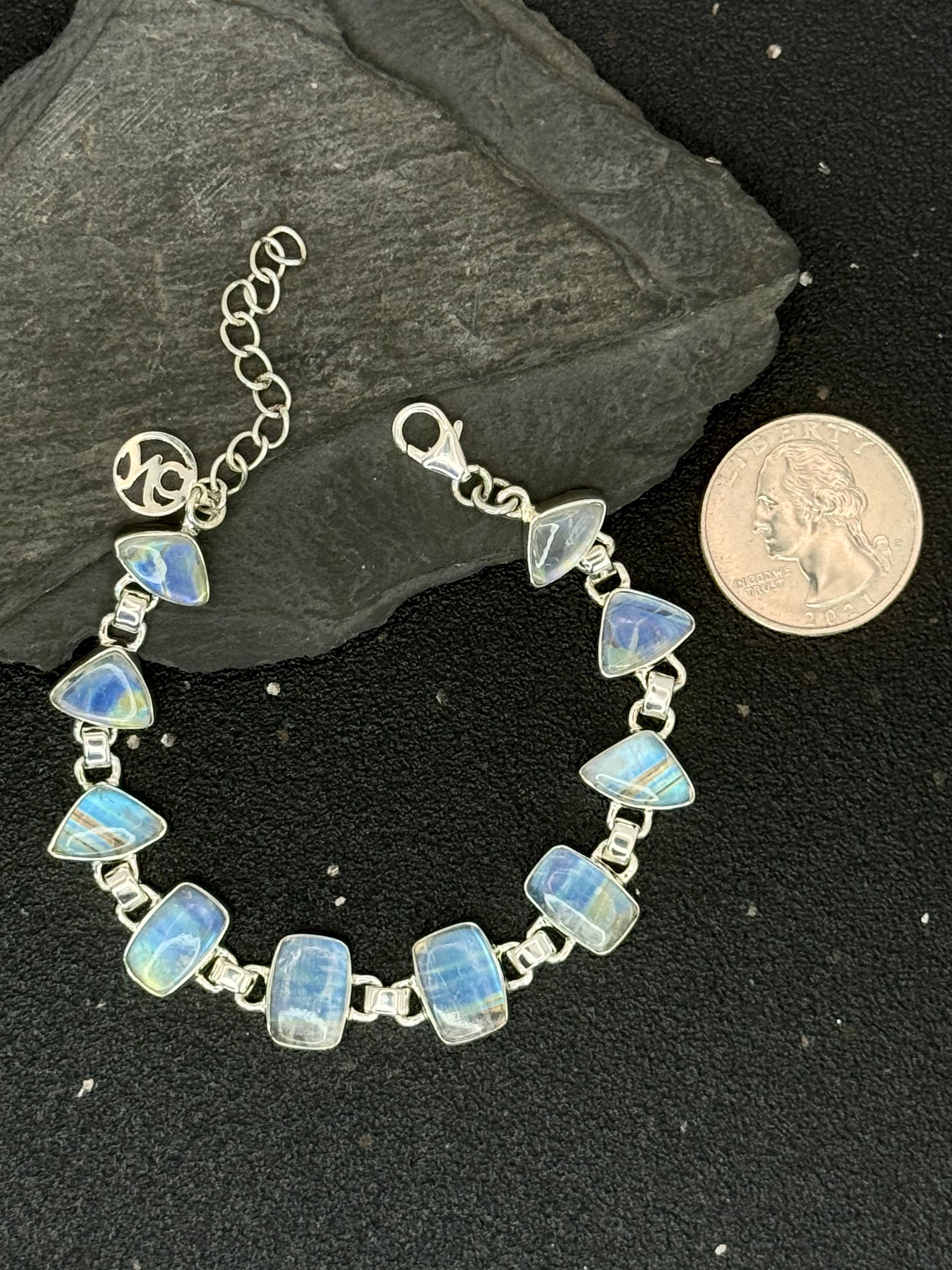 •RAINBOW MOONSTONE - 1• multi-stone + silver bracelet (6.5"-8")