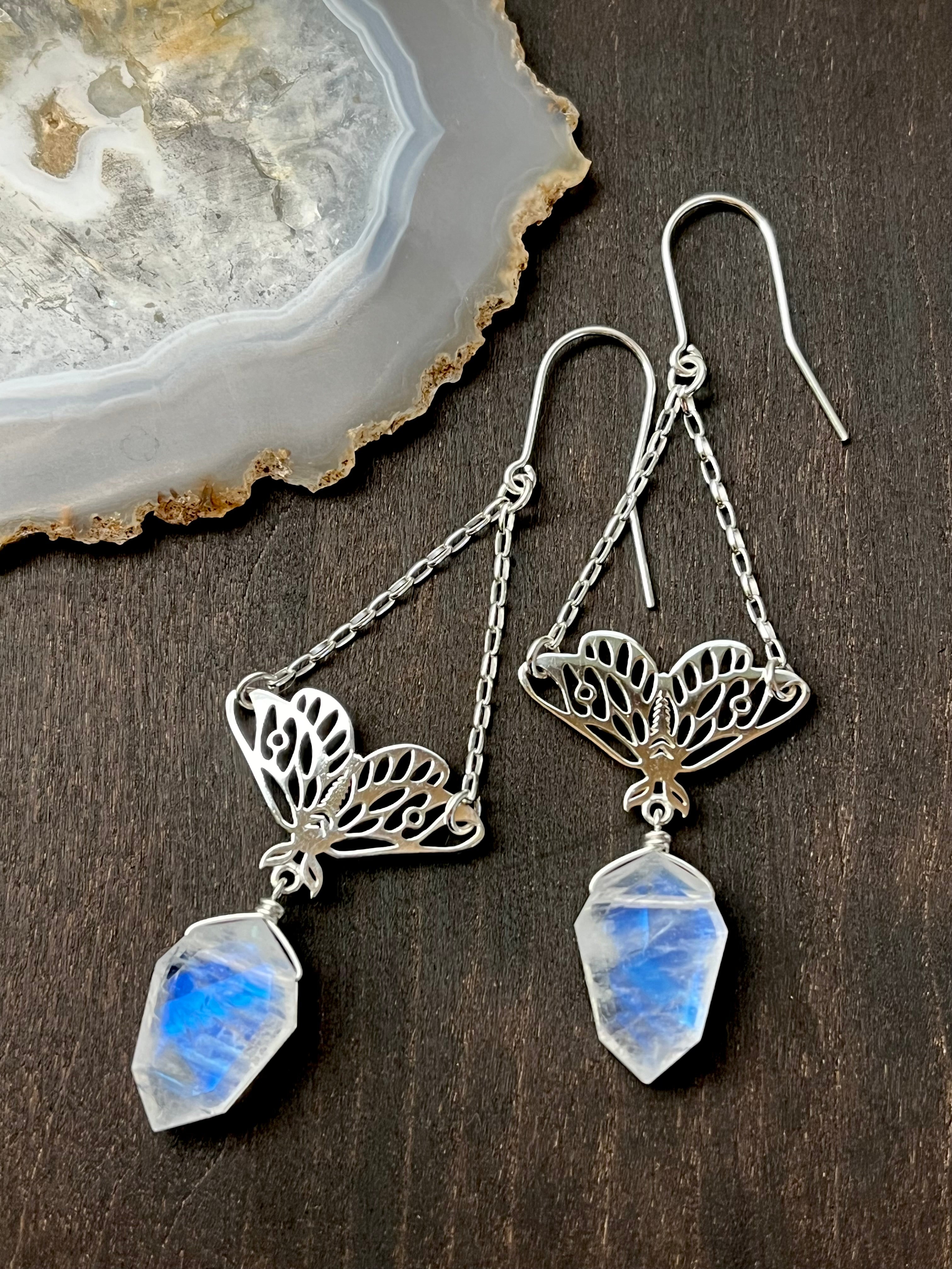 •GUIDE• rainbow moonstone + silver dangle earrings