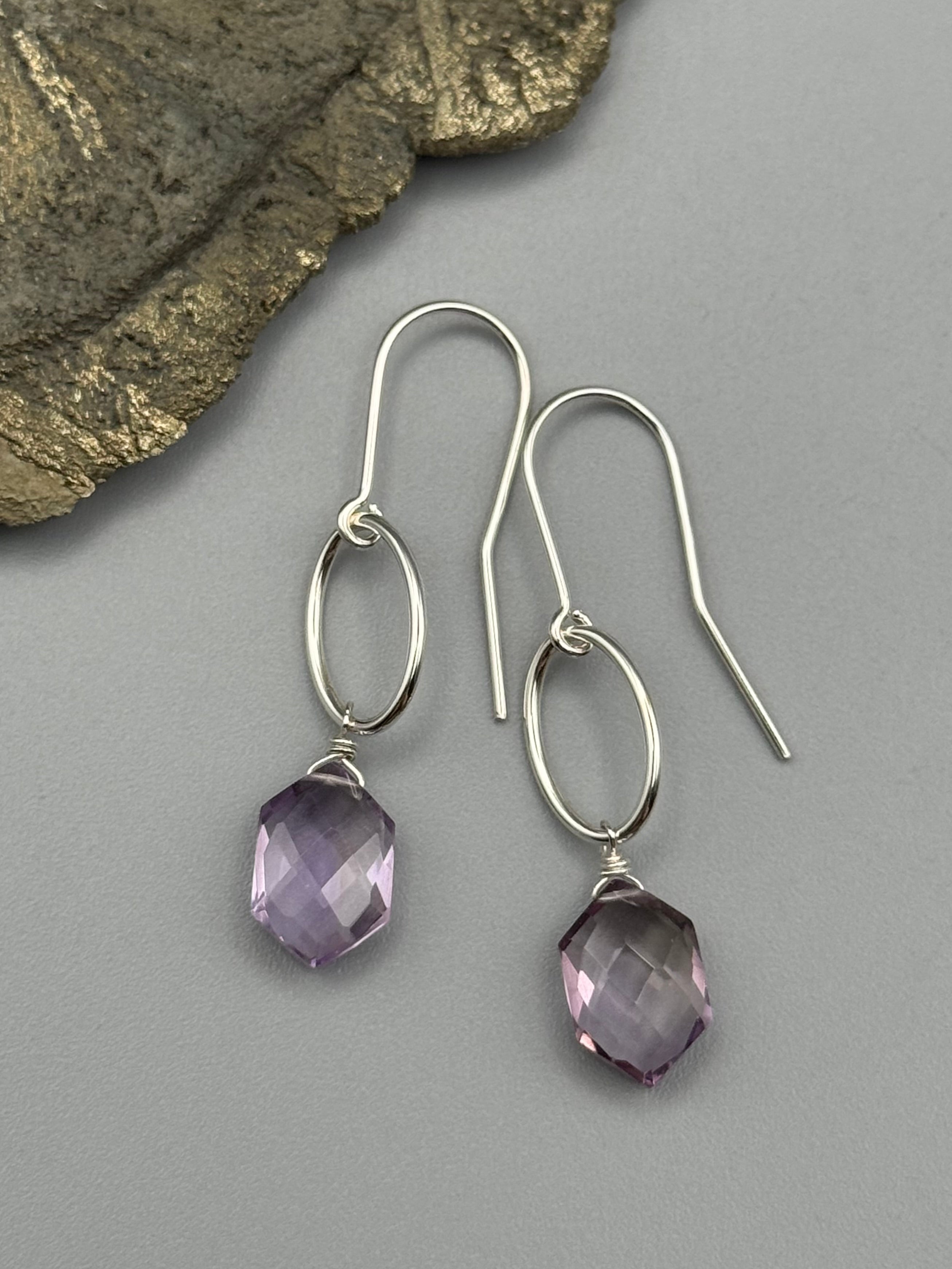 •IO• faceted amethyst hex + silver earrings