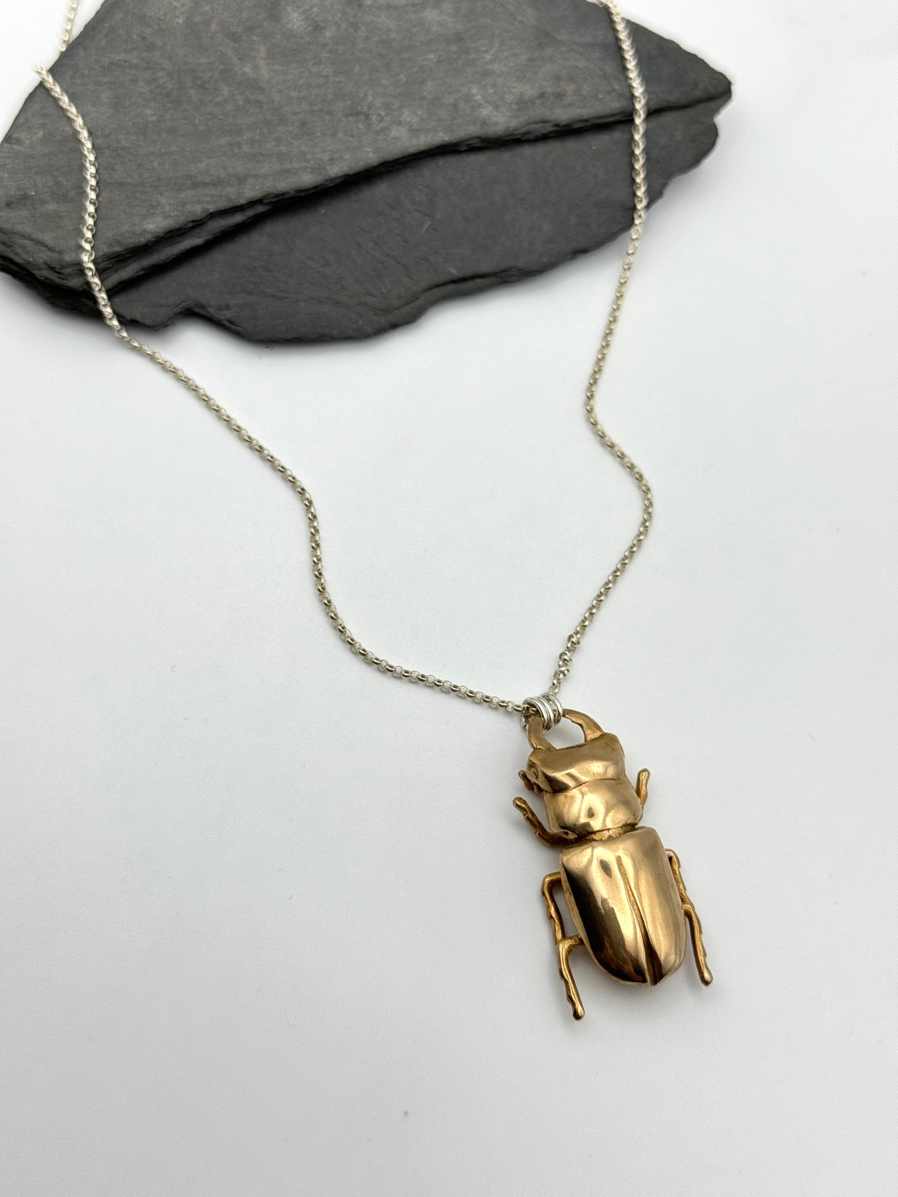 •STAG BEETLE CAST• bronze + silver necklace (26"-29" long)