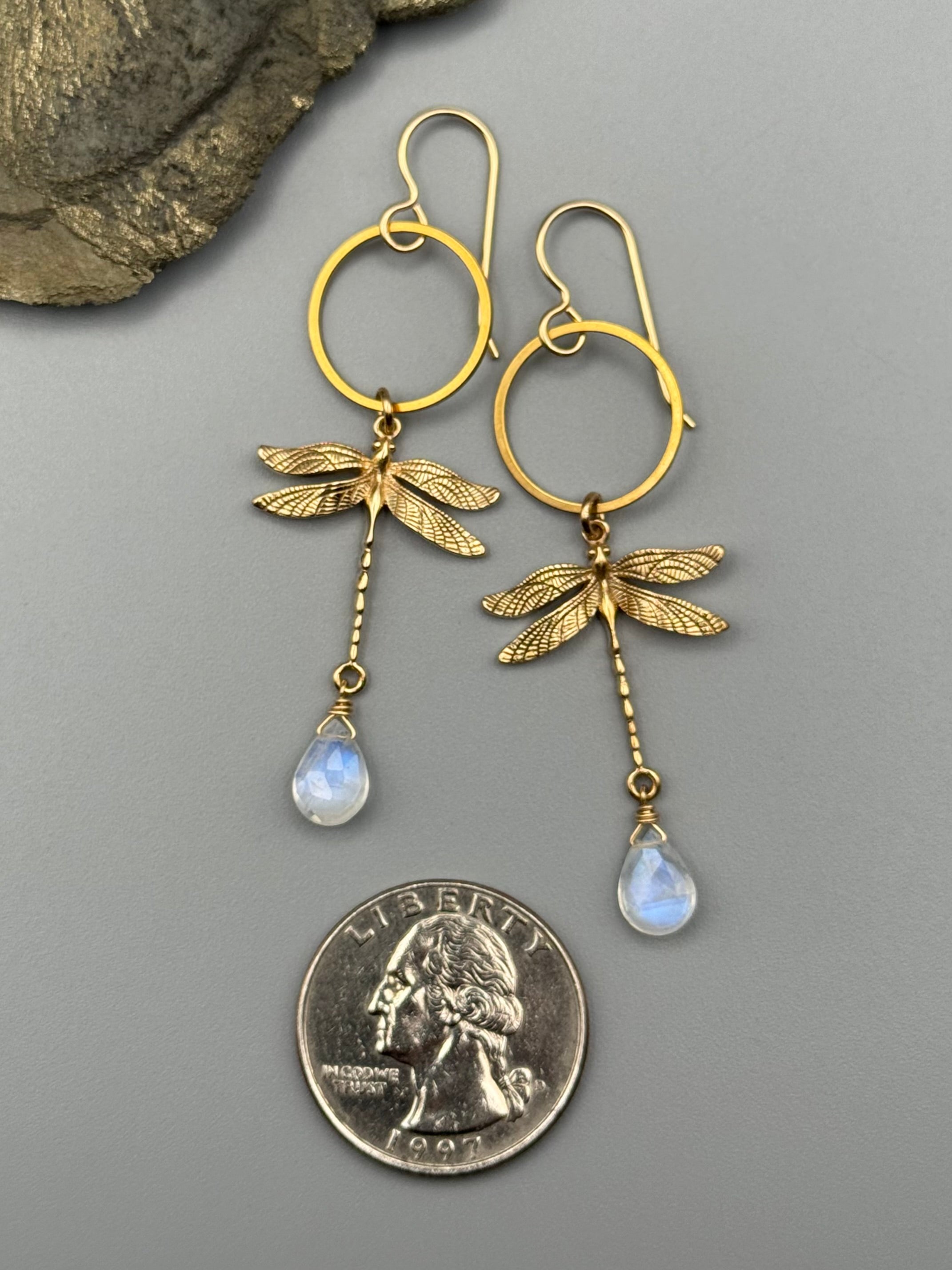 •ODONATA• rainbow moonstone + gold earrings