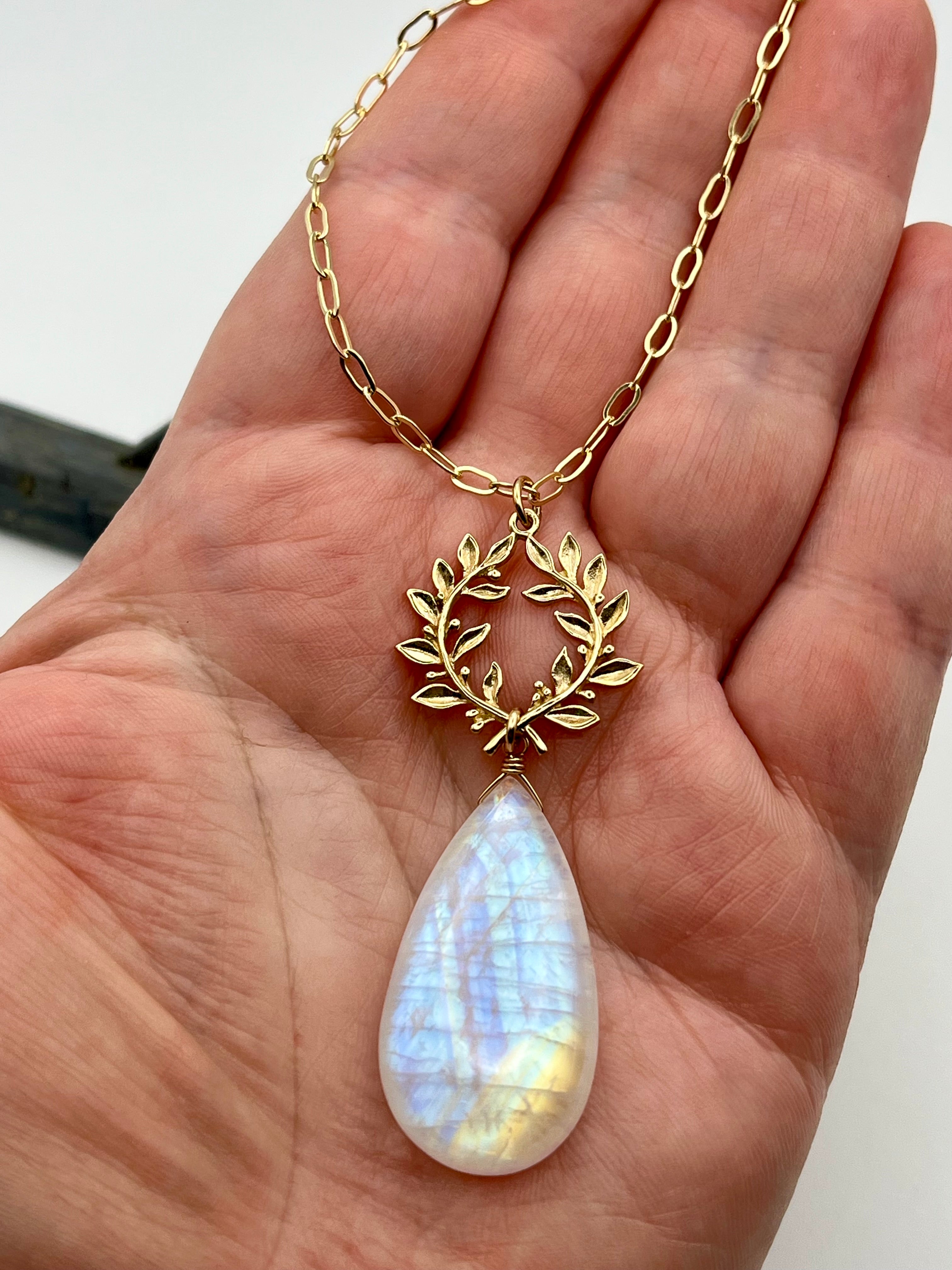 •ALCHEMY• rainbow moonstone + laurel leaves mixed metal necklace (26"-28" long)