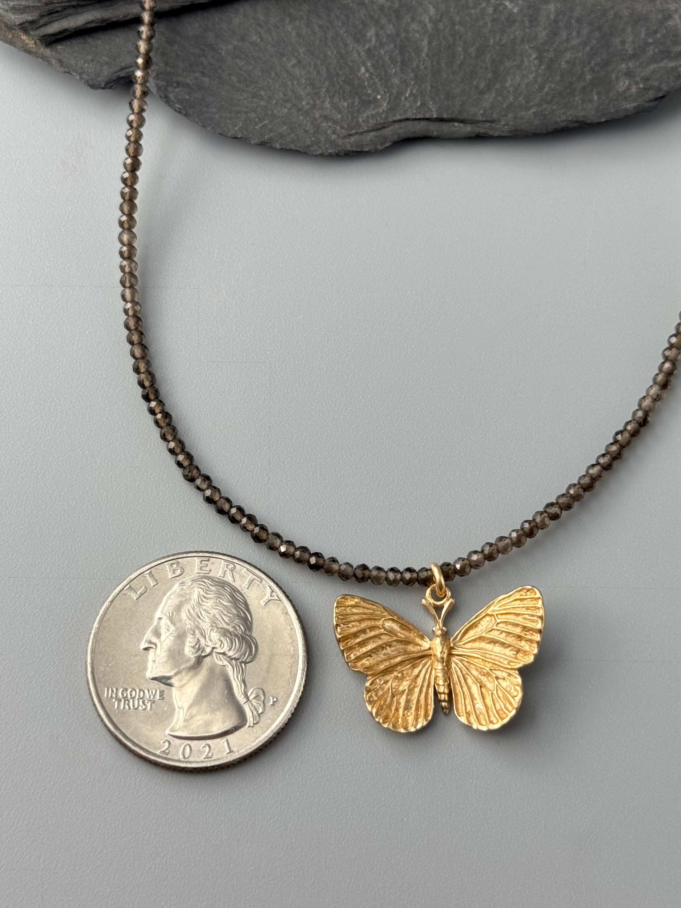 •FLUTTER• smoky quartz + gold beaded necklace (24" long)