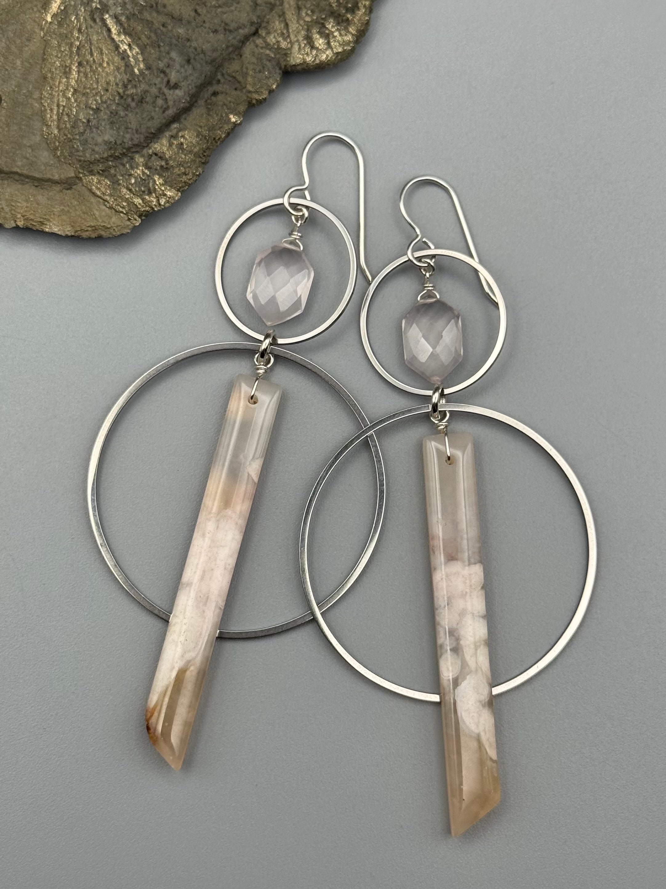 •EQUA-ORBIT• rose quartz + cherry blossom agate silver earrings