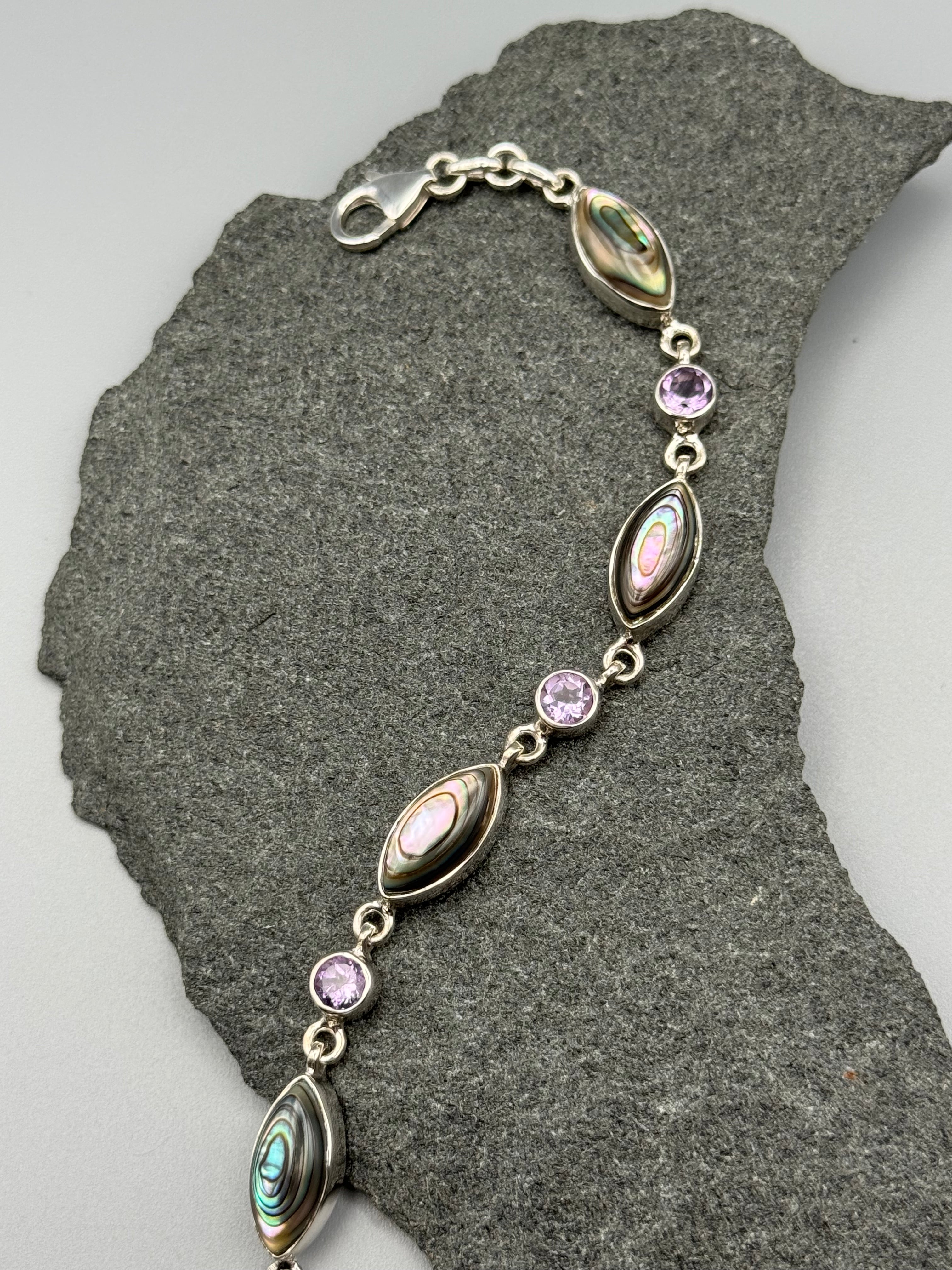 •ABALONE + AMETHYST• linked silver bracelet (7.25" - 9")