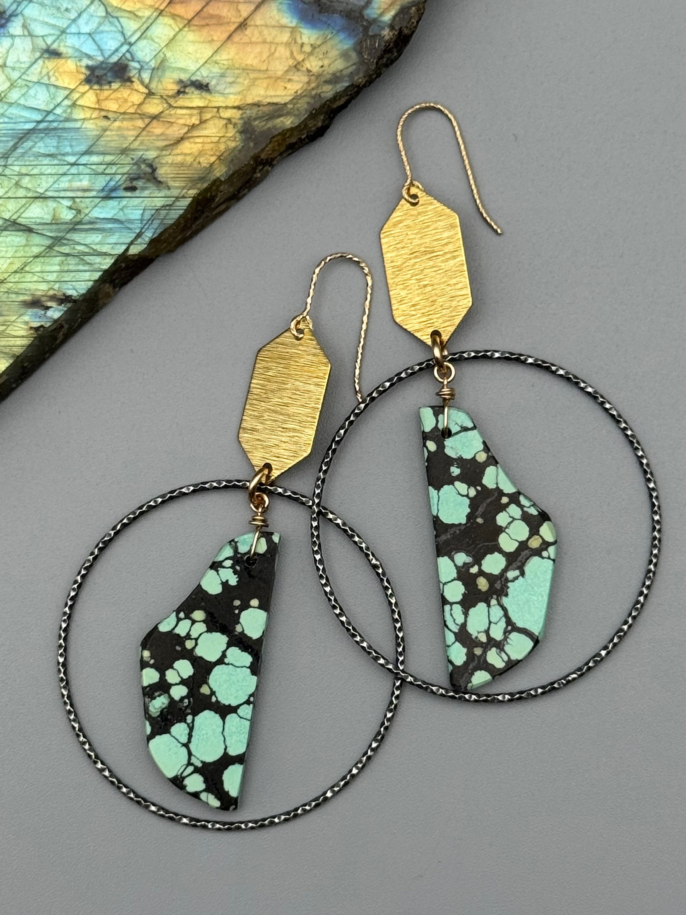 •HEX HOOPS• turquoise slab + mixed metal earrings