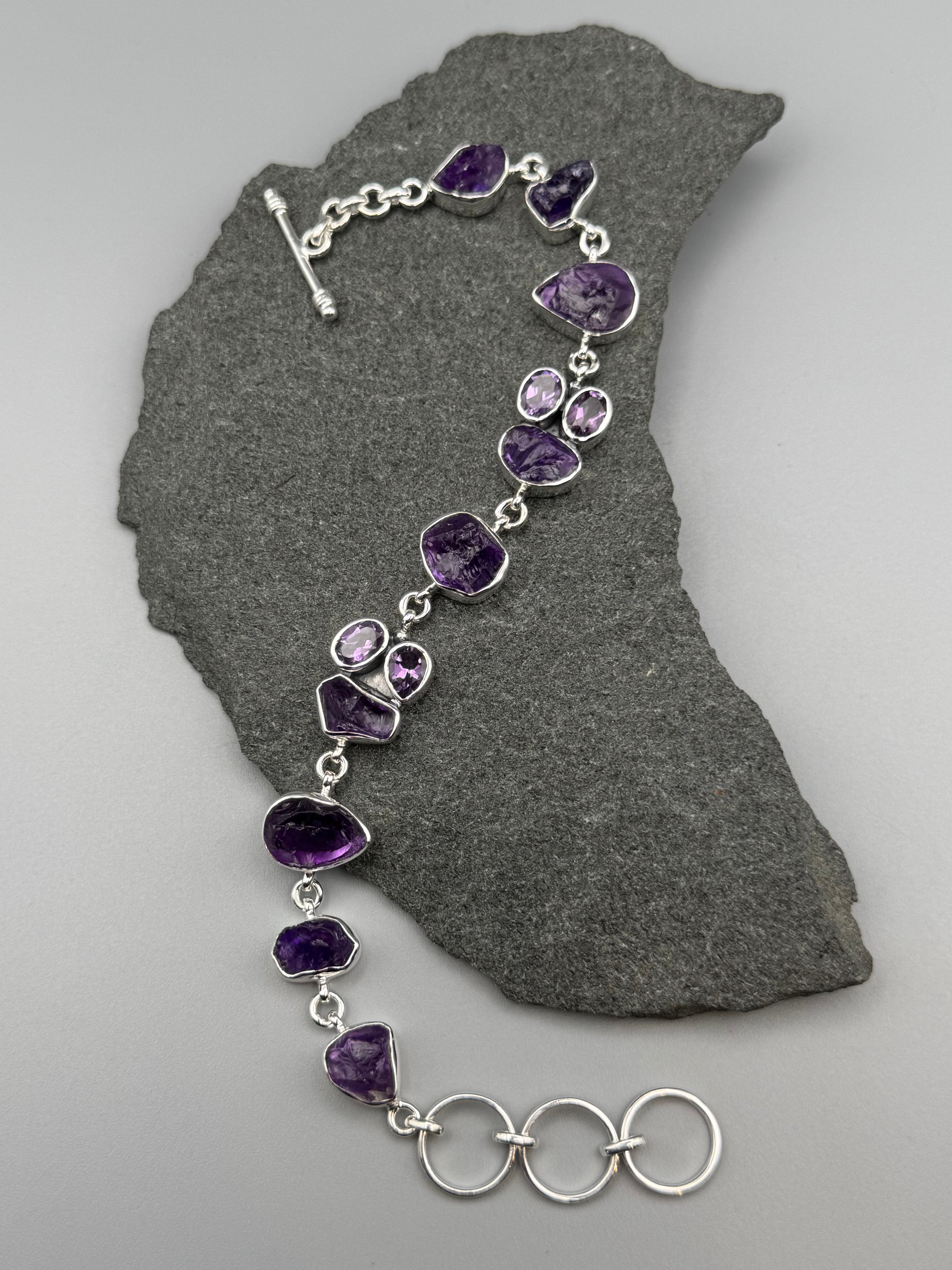 •AMETHYST - CLUSTER• linked silver bracelet (7.25" - 8.5")