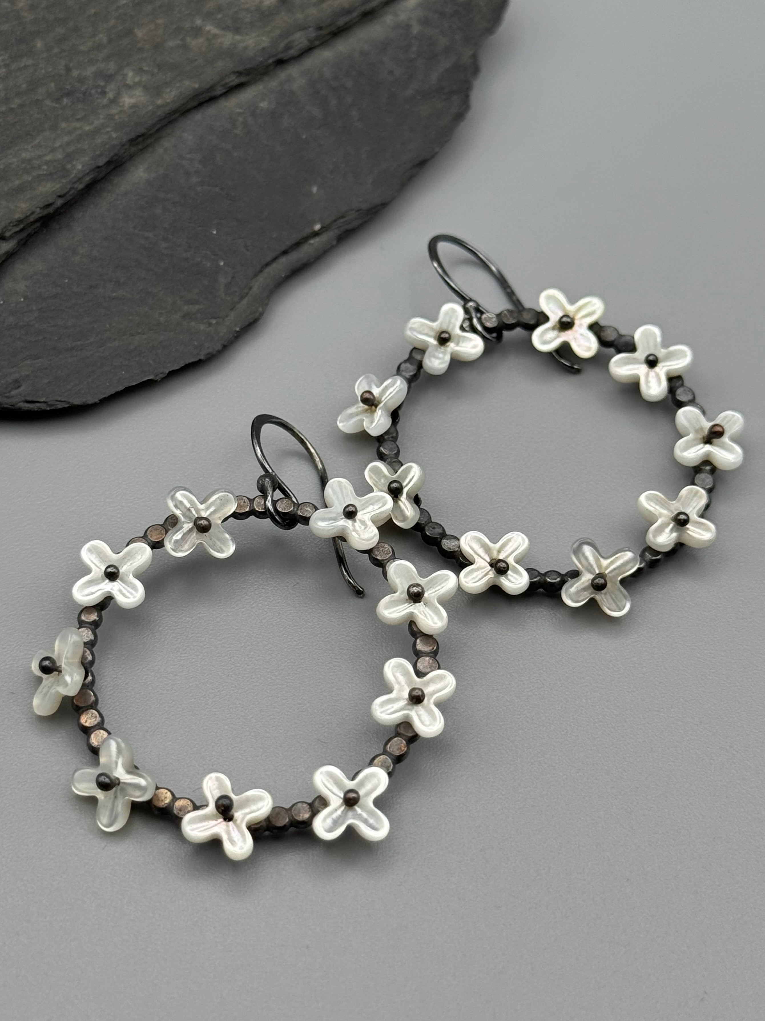 •FLORAL HOOP• mother of pearl + silver hoop earrings