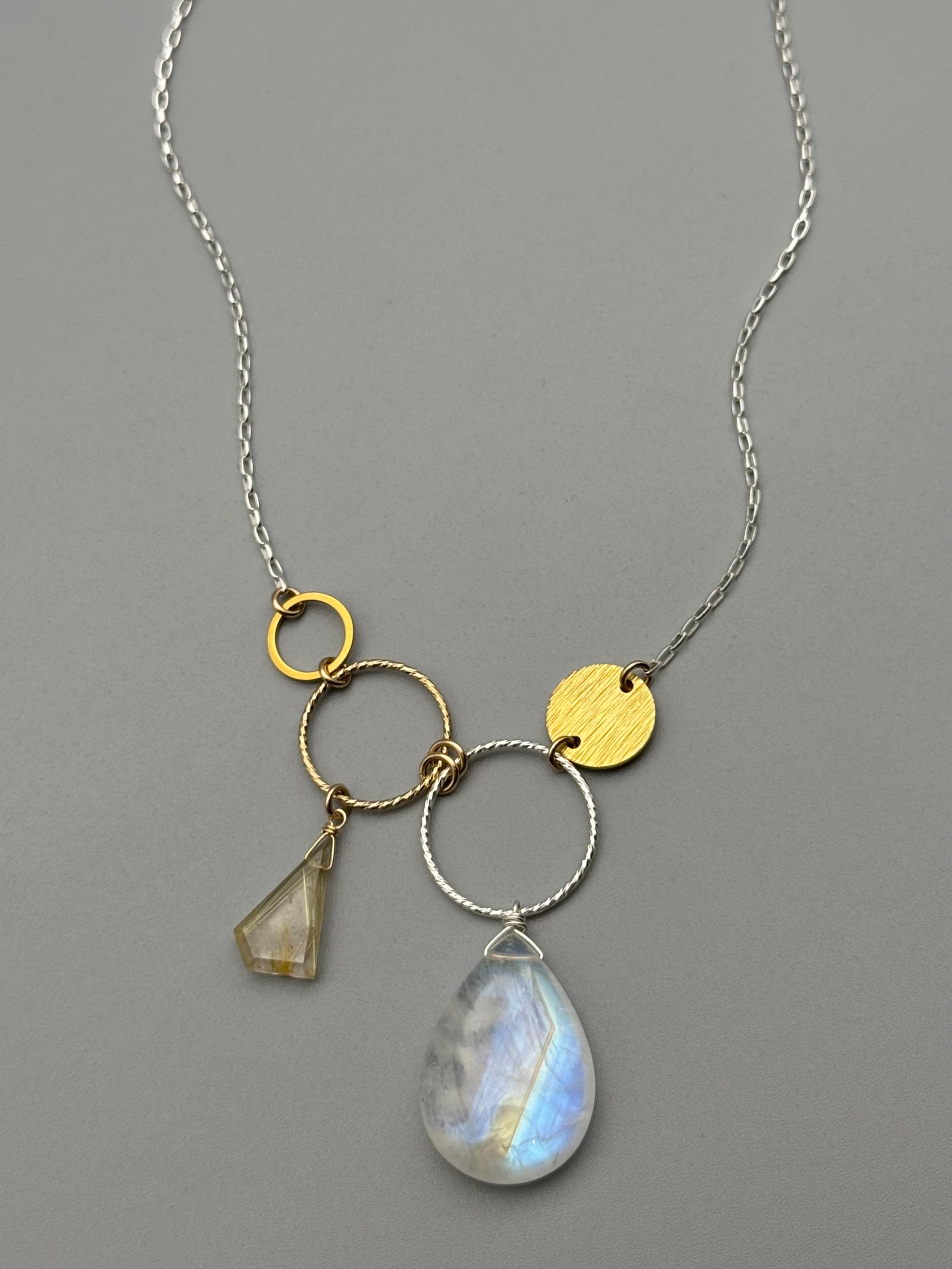 •UNION• rutilated quartz + rainbow moonstone mixed metal necklace (16"-18" long)