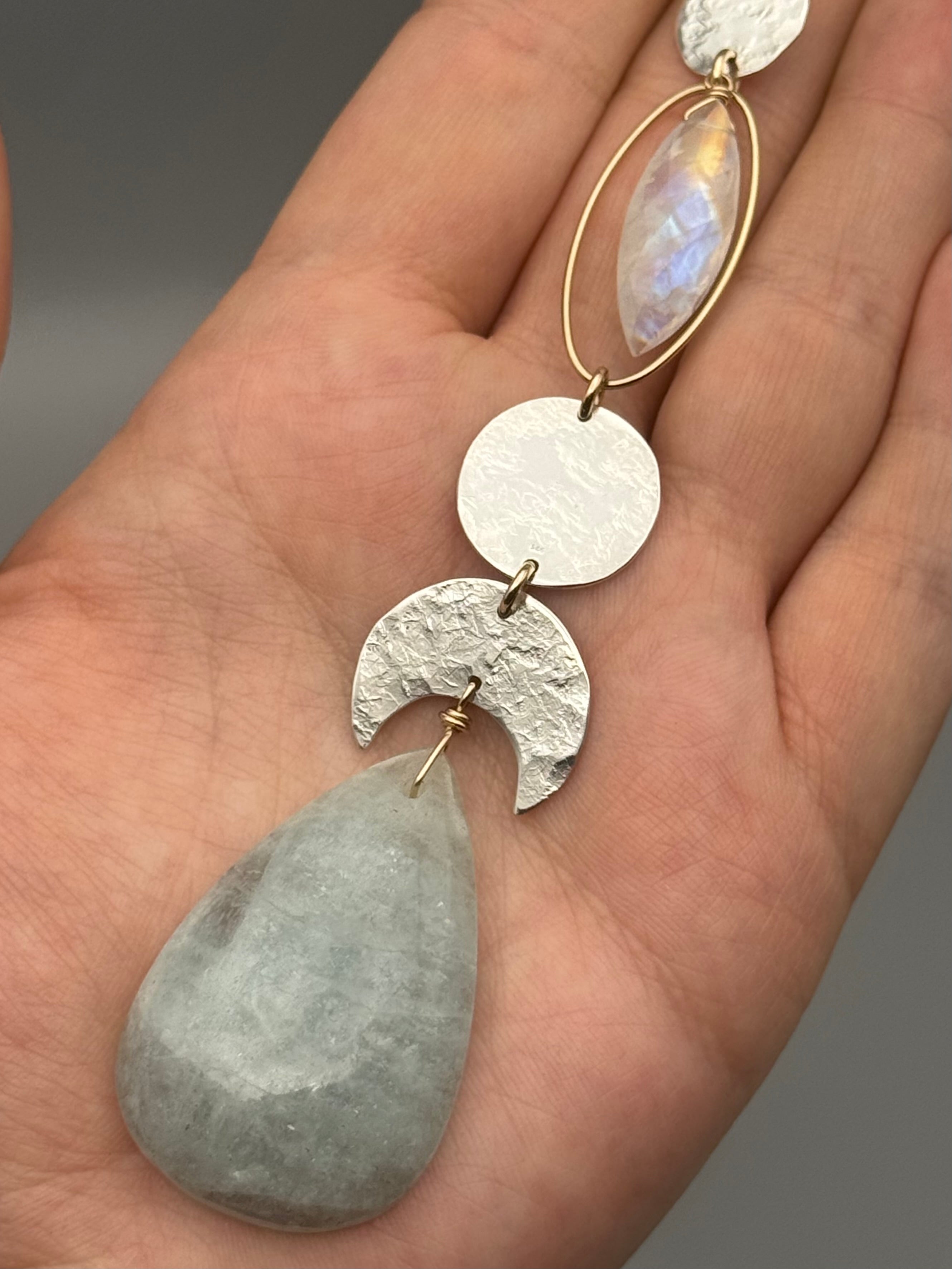 •NYX• rainbow moonstone + aquamarine mixed metal necklace (26"-28" long)