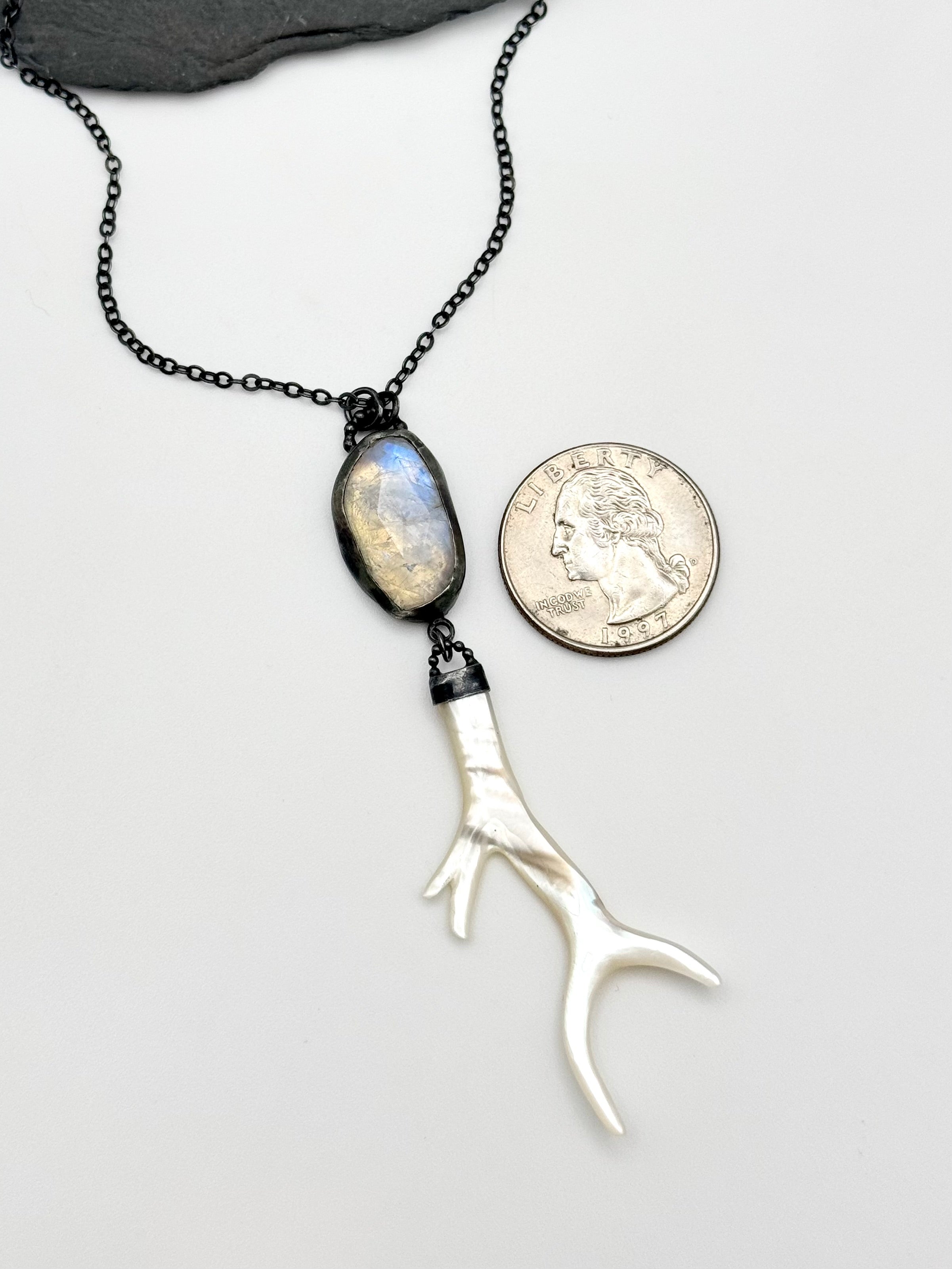 •MYSTIC BRANCH• rainbow moonstone + carved mother of pearl  + silver necklace (18" long)