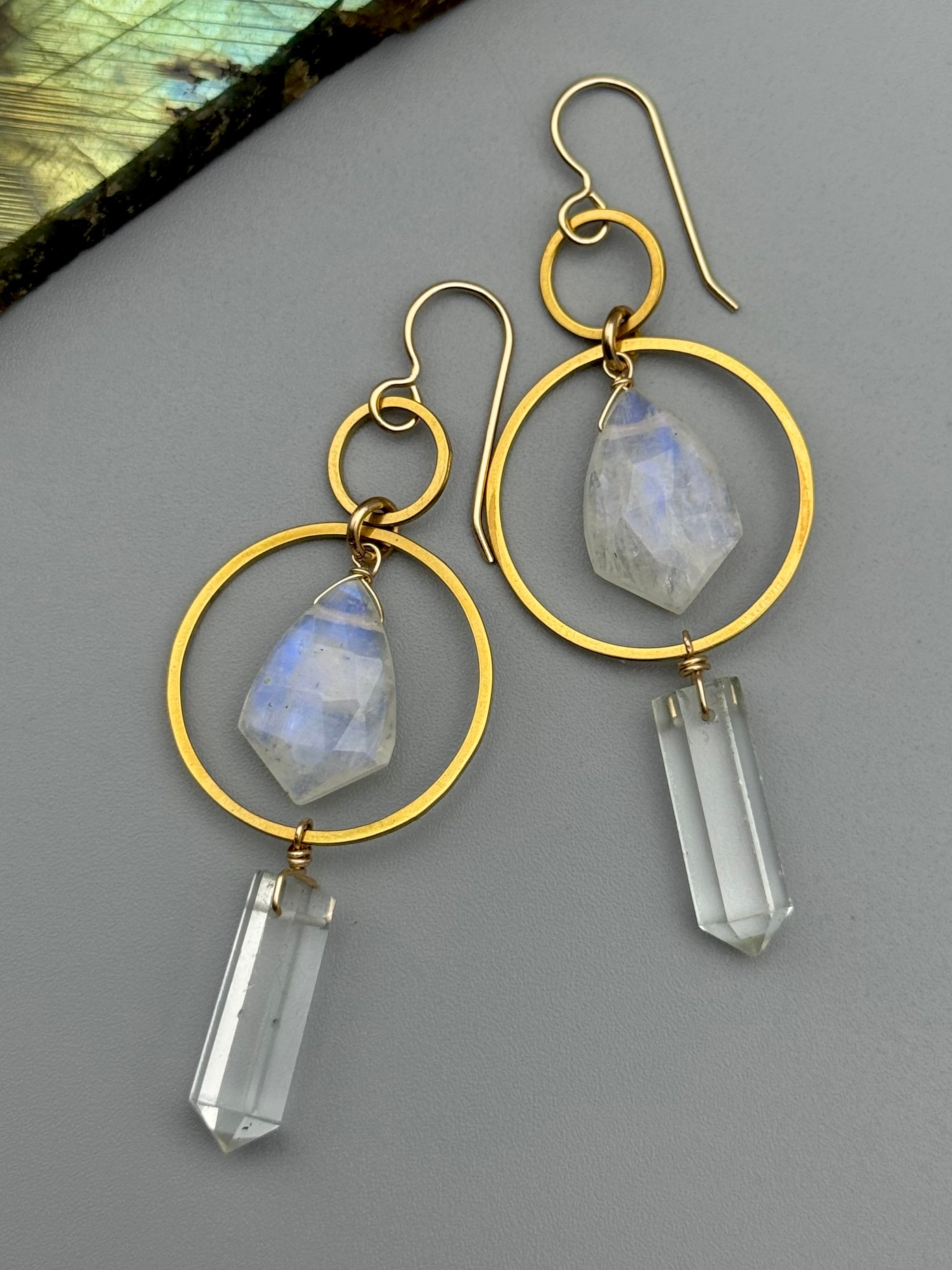 •EQUA-LUNA• rainbow moonstone + quartz point gold earrings