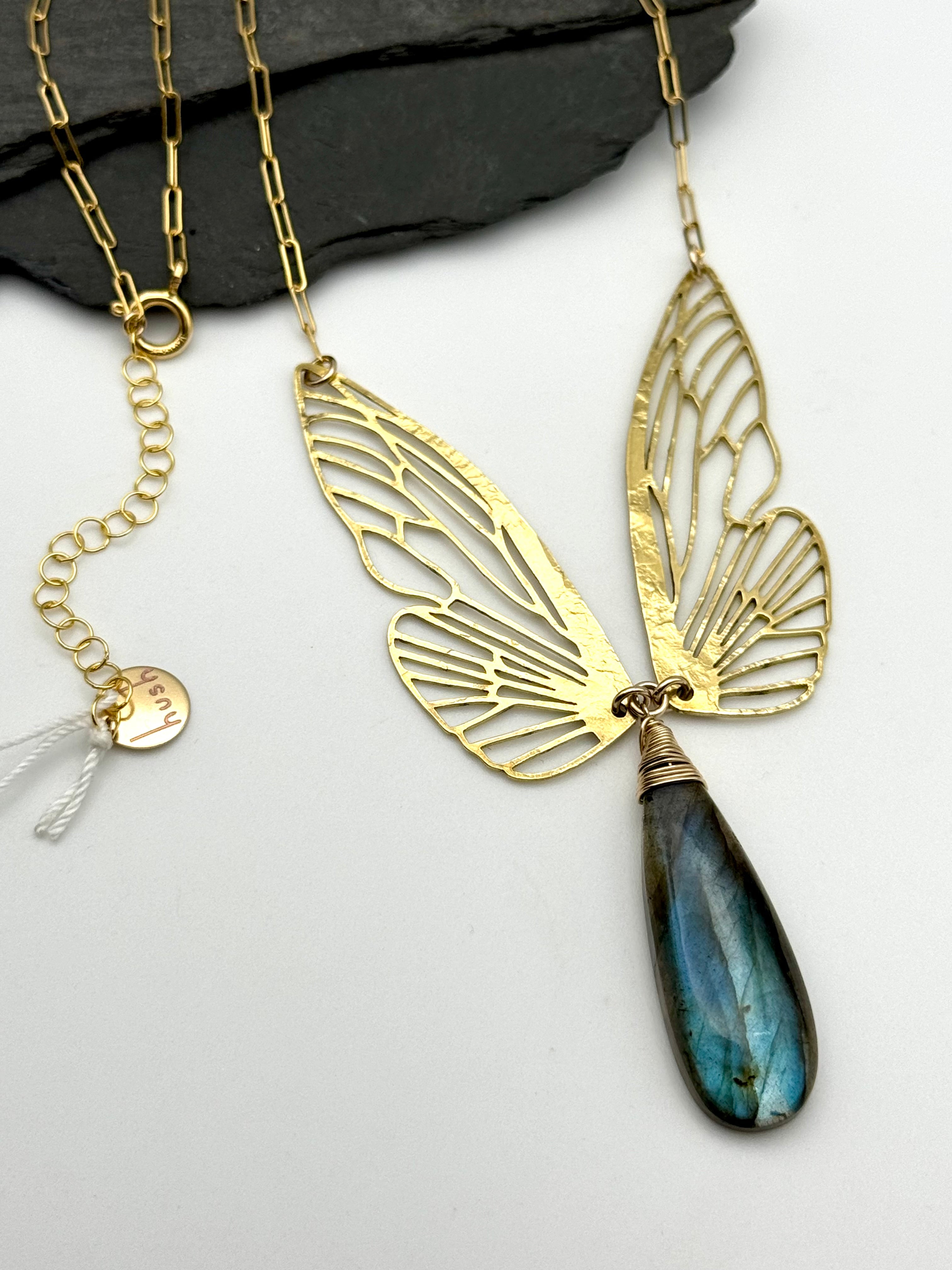 •METAMORPH• labradorite + wings + gold necklace (16"-18" long)