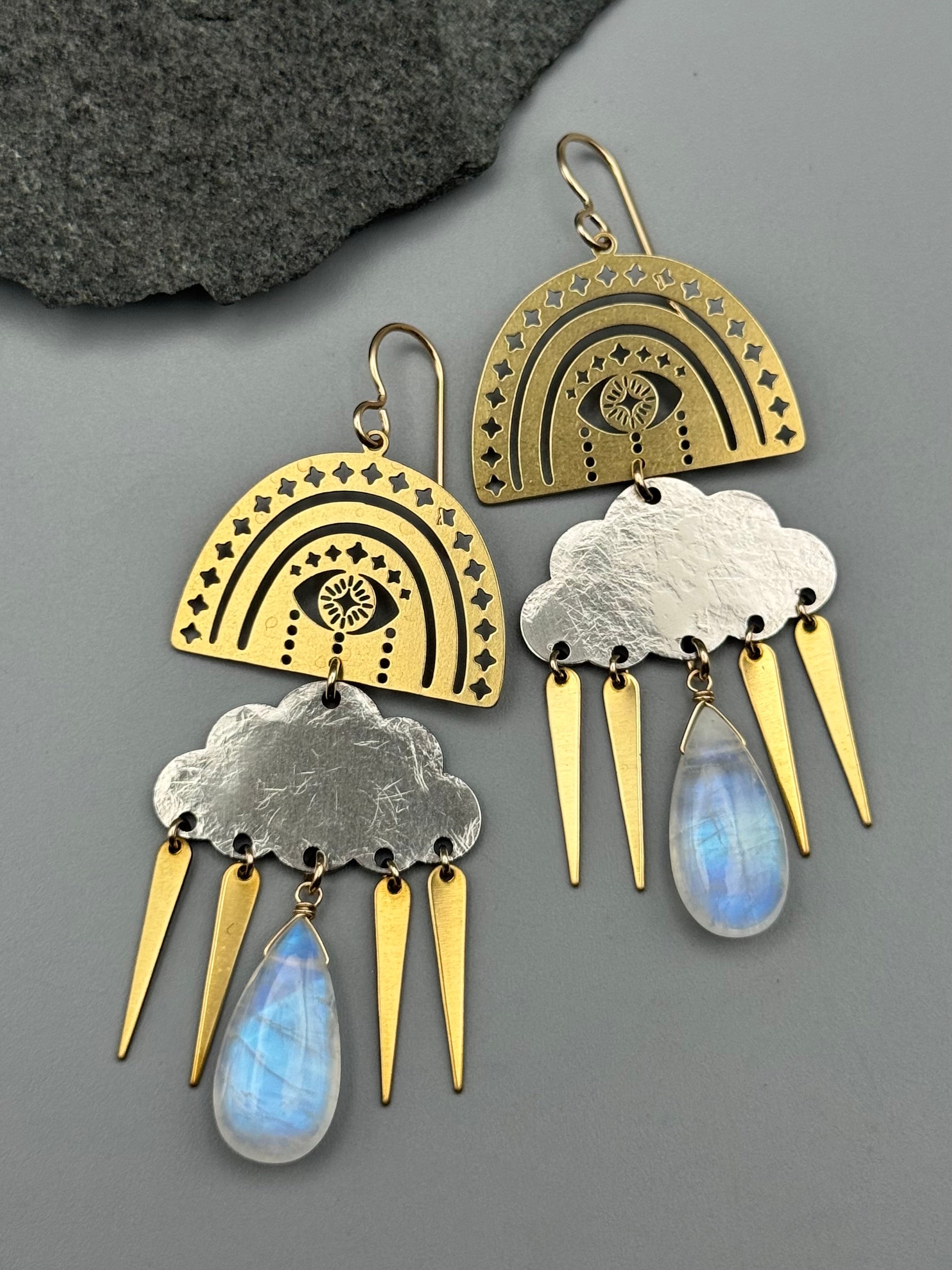 •RAINBOW STORM• rainbow moonstone + mixed metal earrings