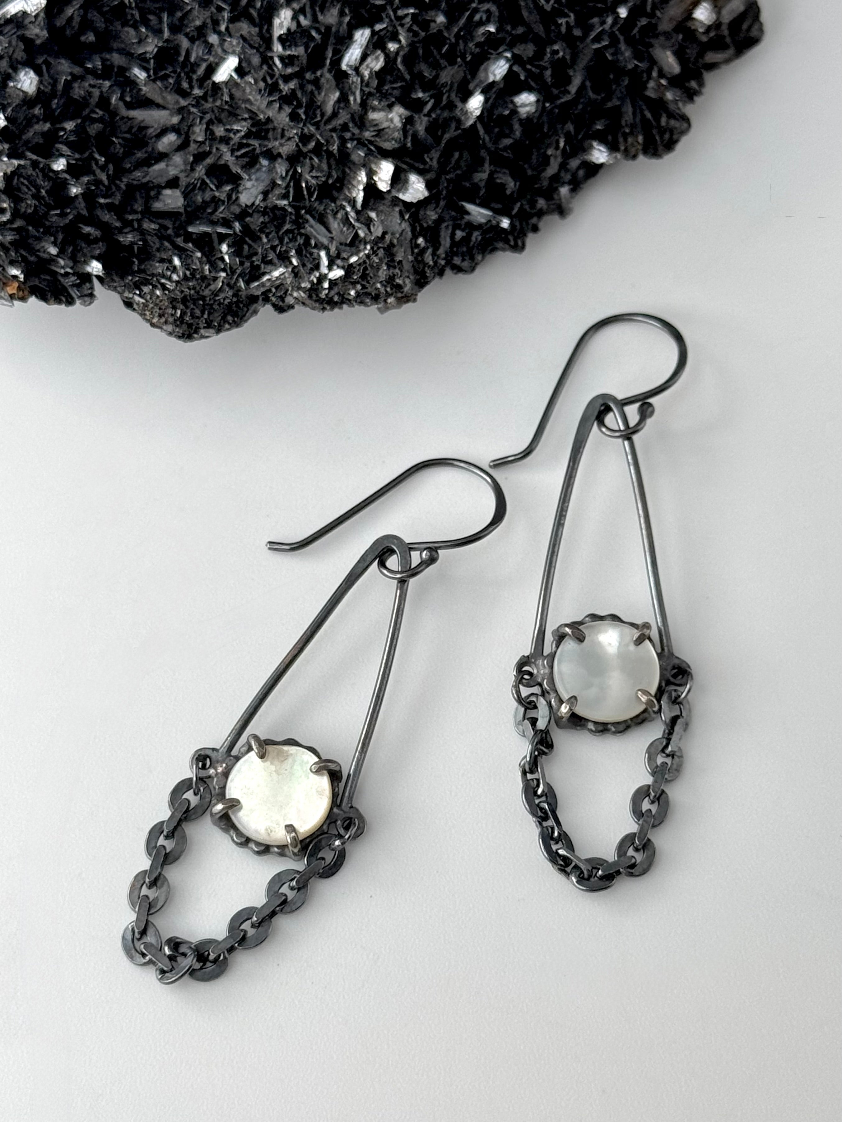 •INDUSTRIAL• mother of pearl + silver dangle earrings