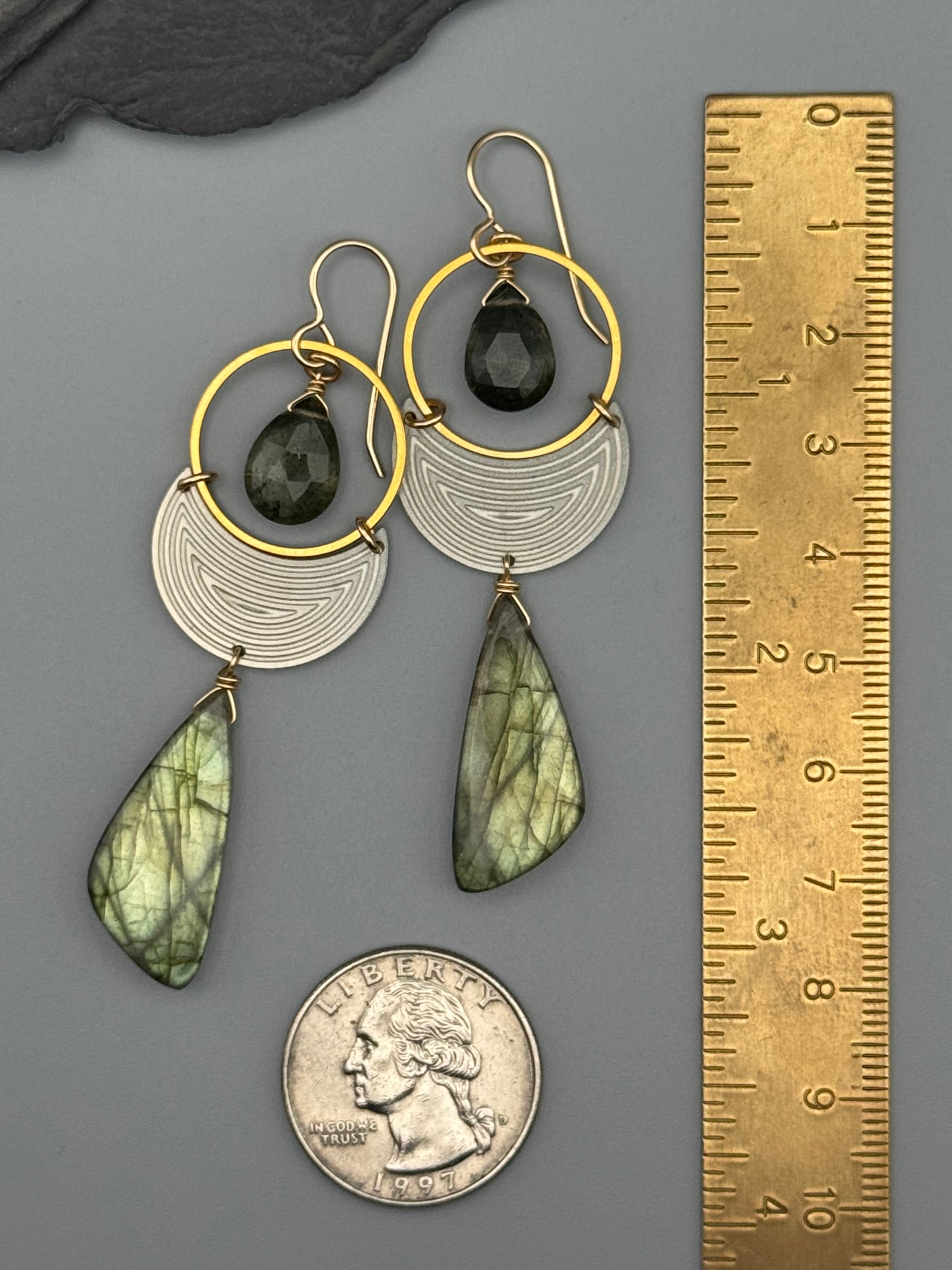 •MOON SHADOW• moss aquamarine + labradorite mixed metal earrings