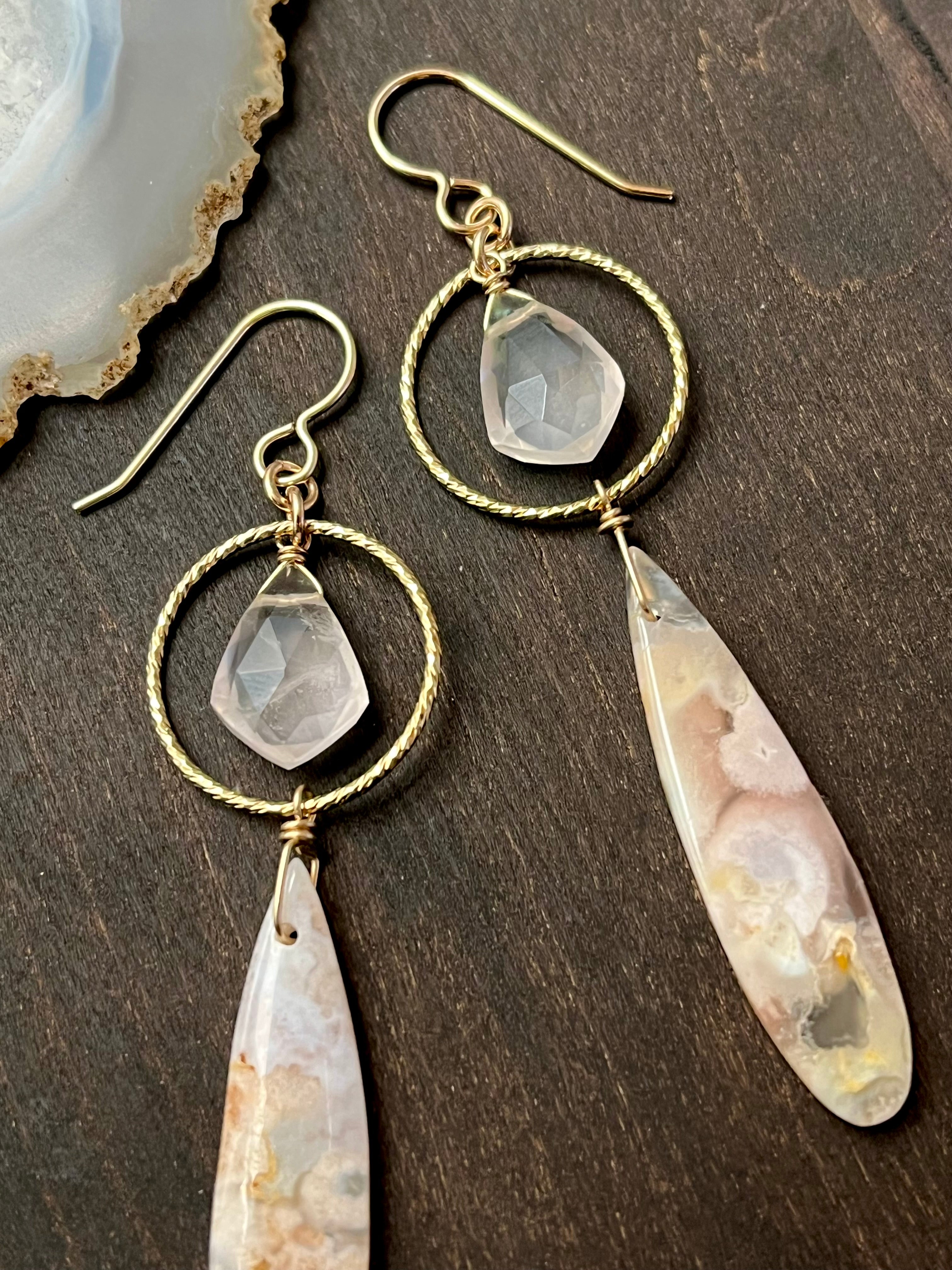 •LUNA• cherry blossom agate + rose quartz gold dangle earrings