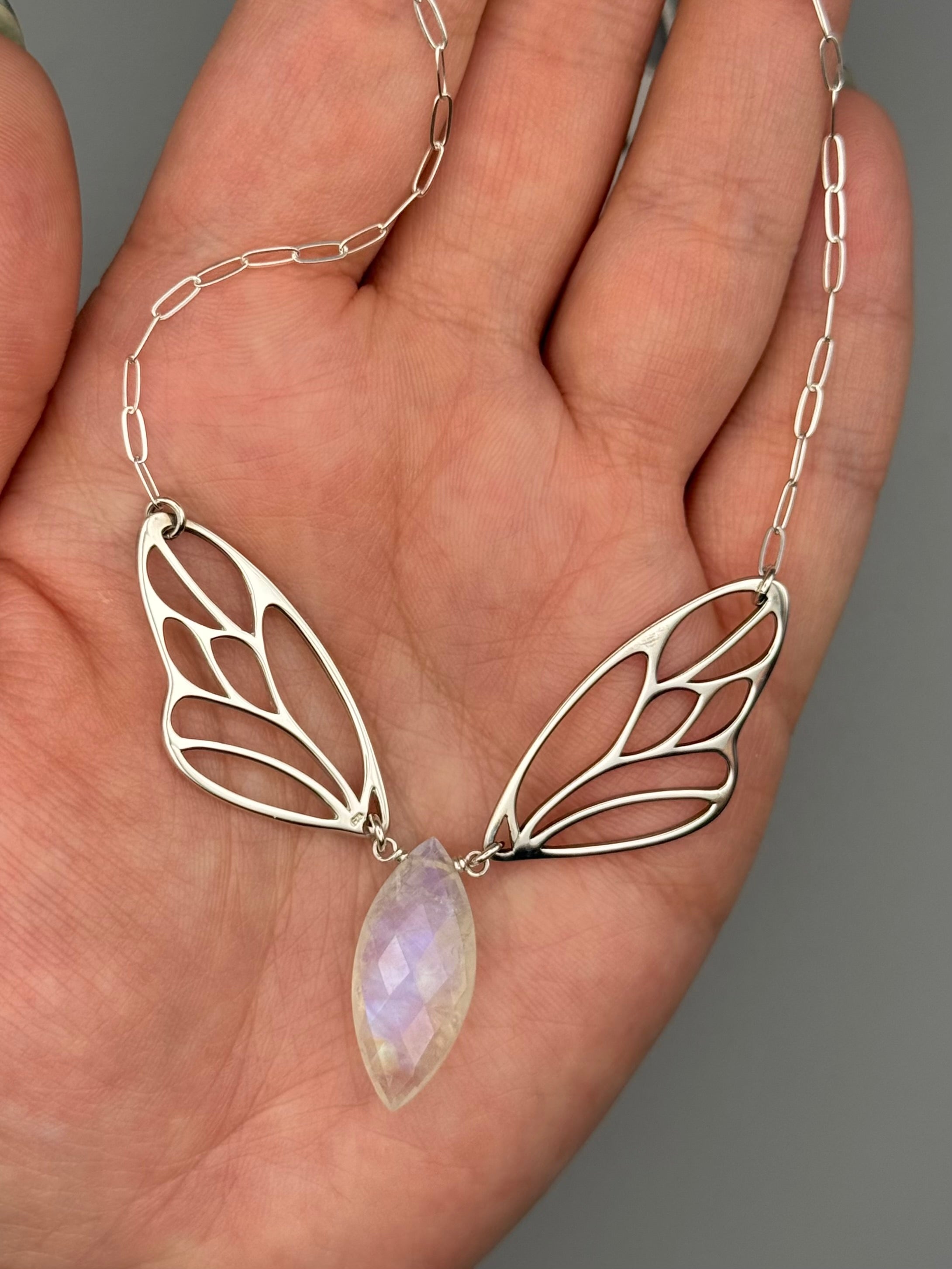 •METAMORPH• rainbow moonstone marquise + silver necklace (18"-20" long)