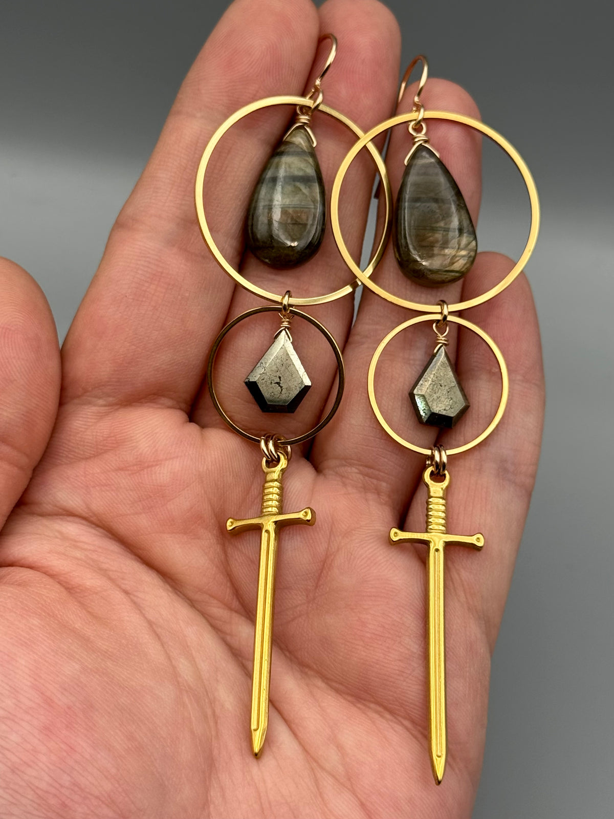 •AELIN• golden labradorite tear + pyrite gold earrings