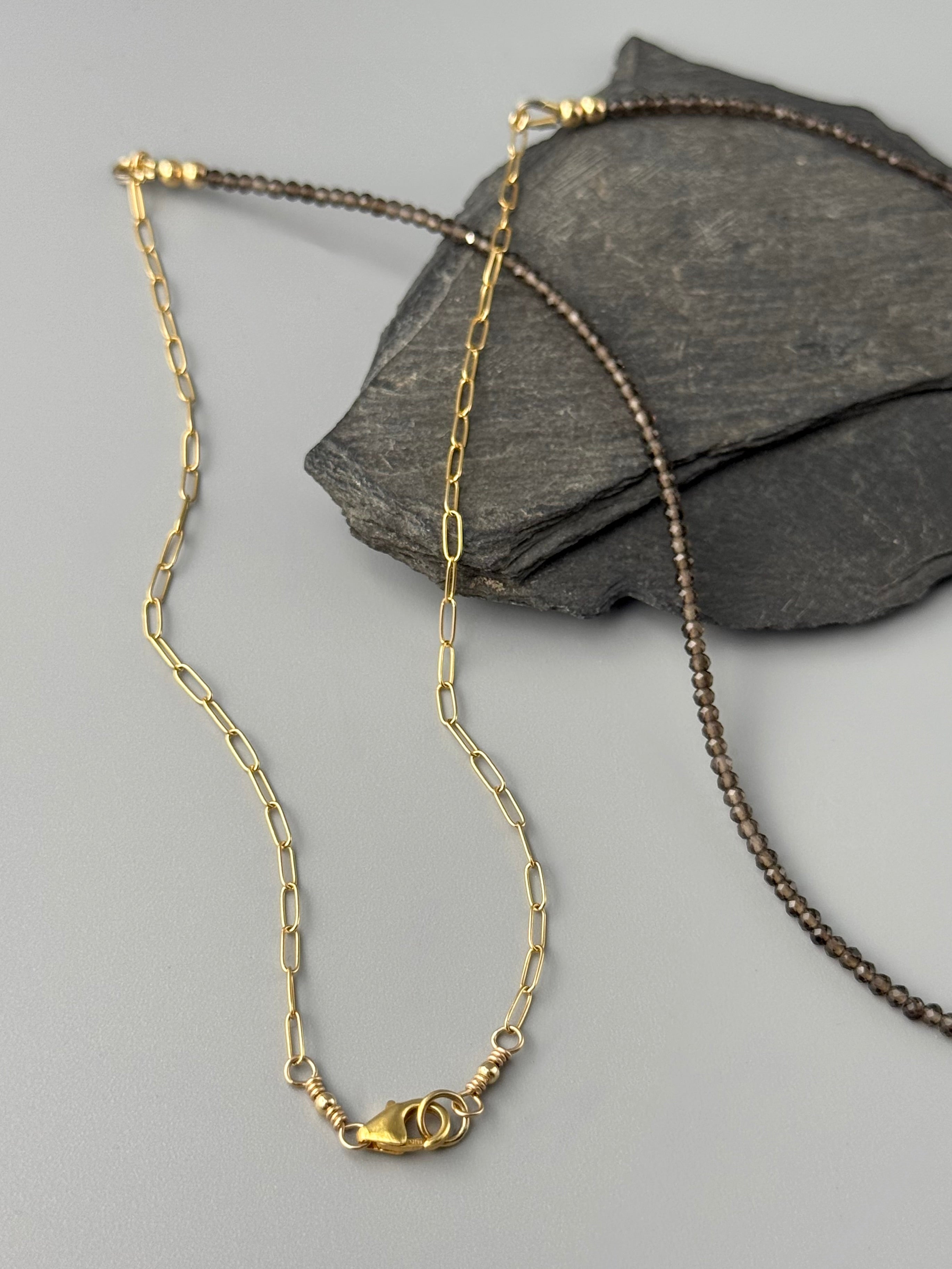 •FLUTTER• smoky quartz + gold beaded necklace (24" long)