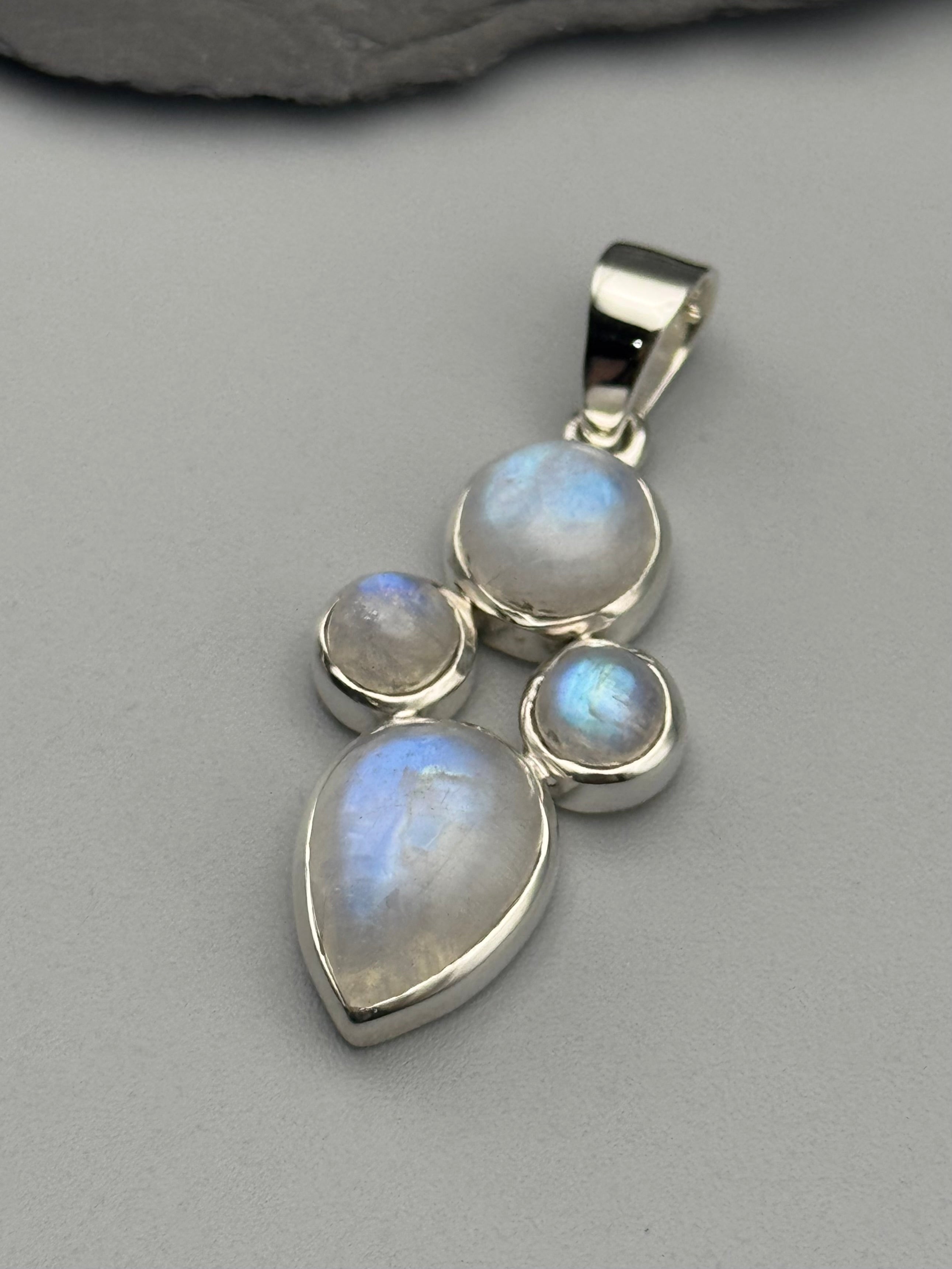 •RAINBOW MOONSTONE - QUAD CLUSTER• sterling silver pendant