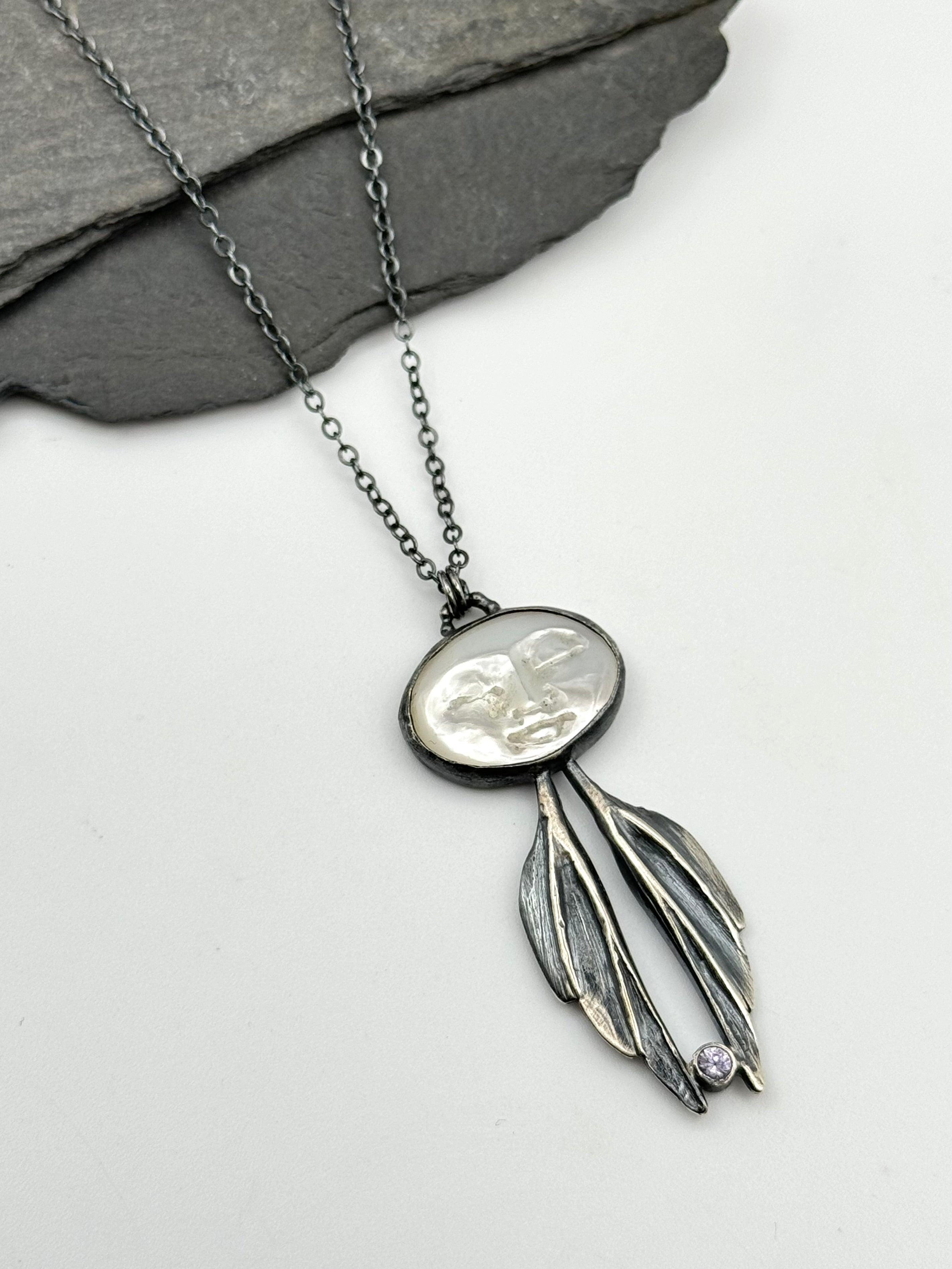 •WINGED MOTHER• carved mother of pearl + sapphire + silver necklace