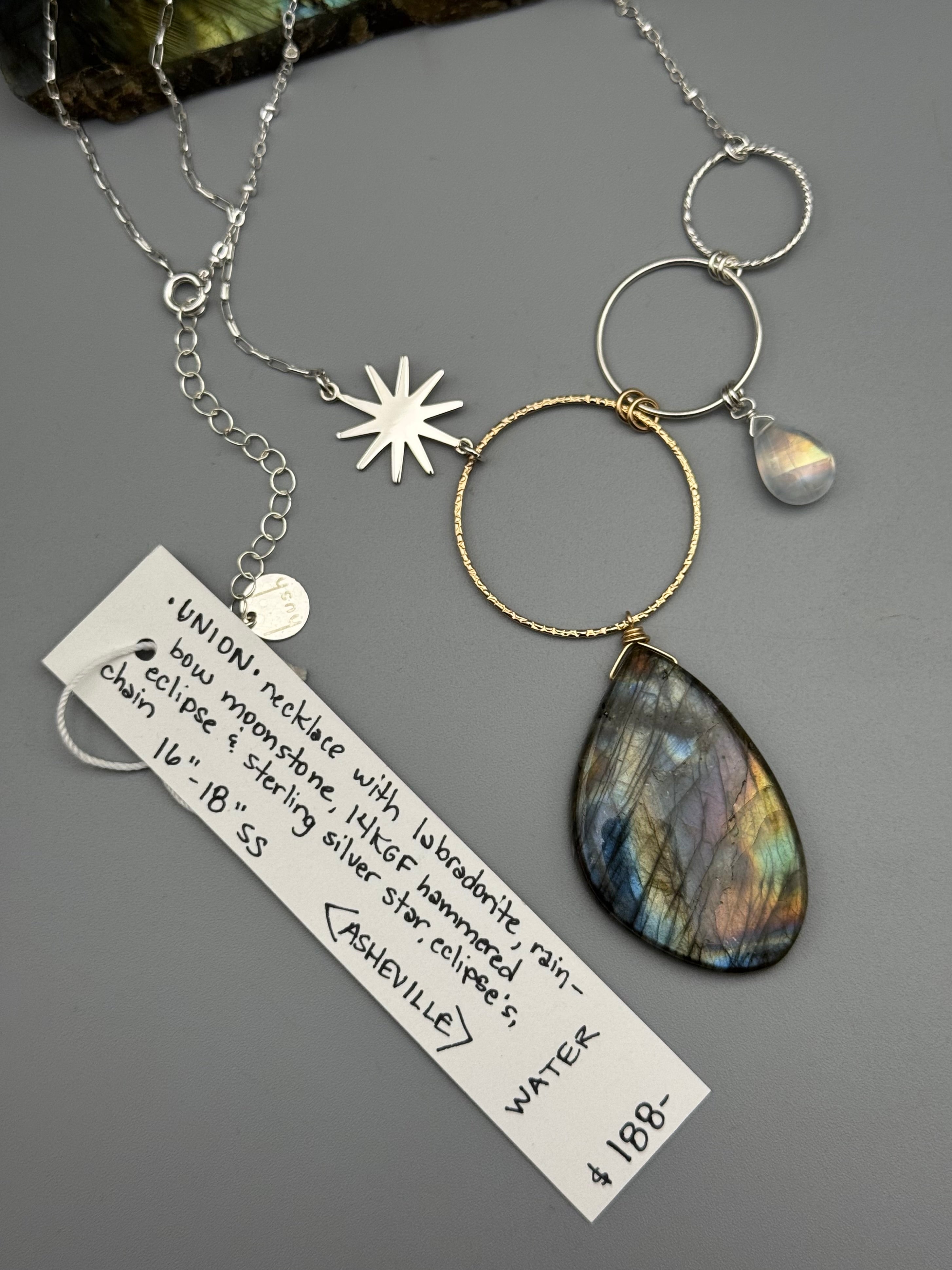 •UNION• rainbow moonstone + labradorite mixed metal necklace (16"-18" long)