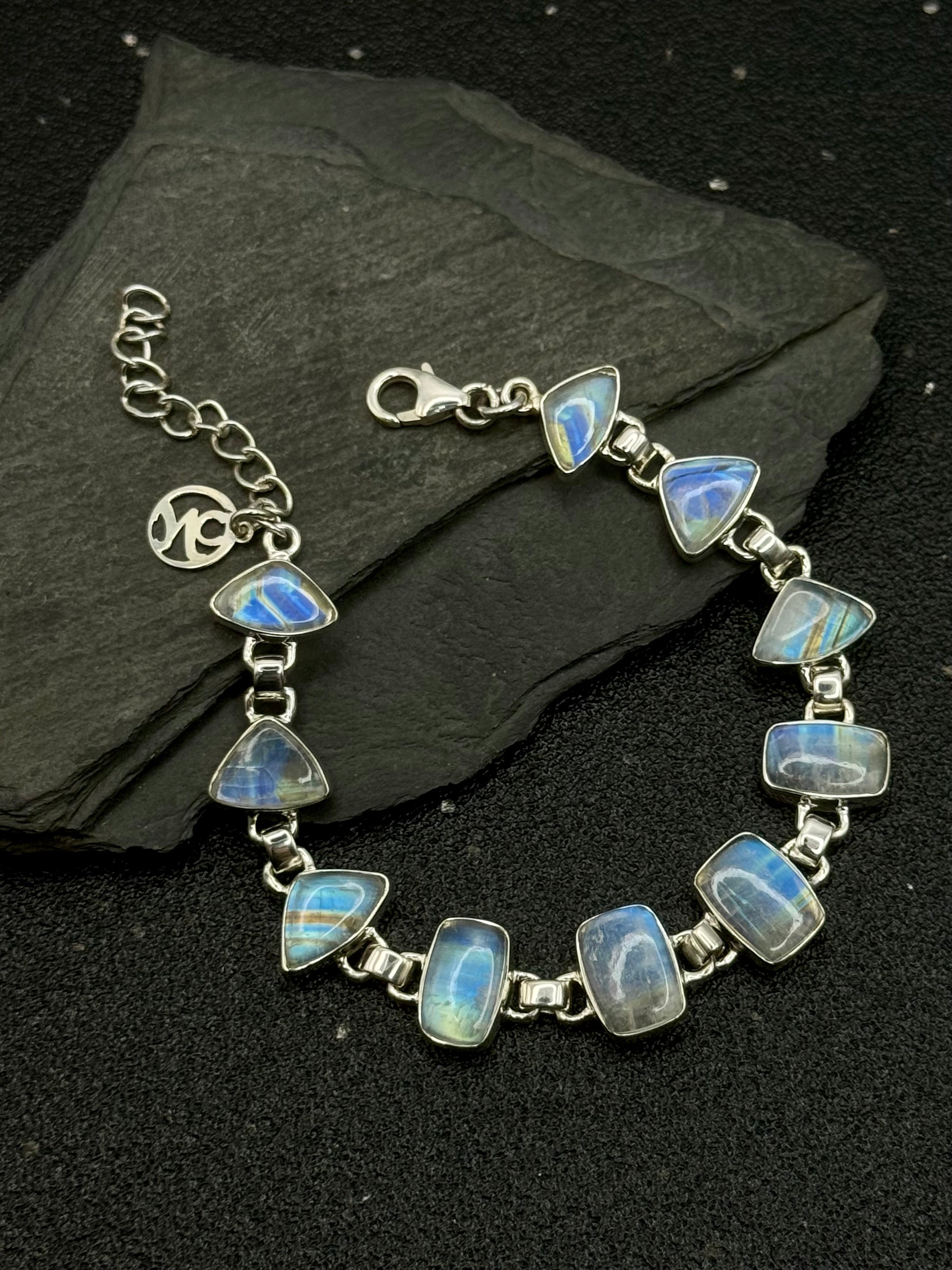 •RAINBOW MOONSTONE - 1• multi-stone + silver bracelet (6.5"-8")