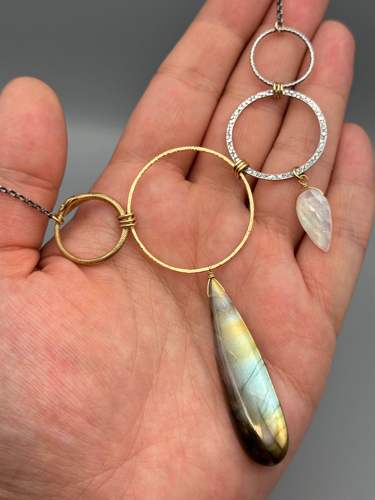 •UNION• labradorite + rainbow moonstone mixed metal necklace (16"-18" long)
