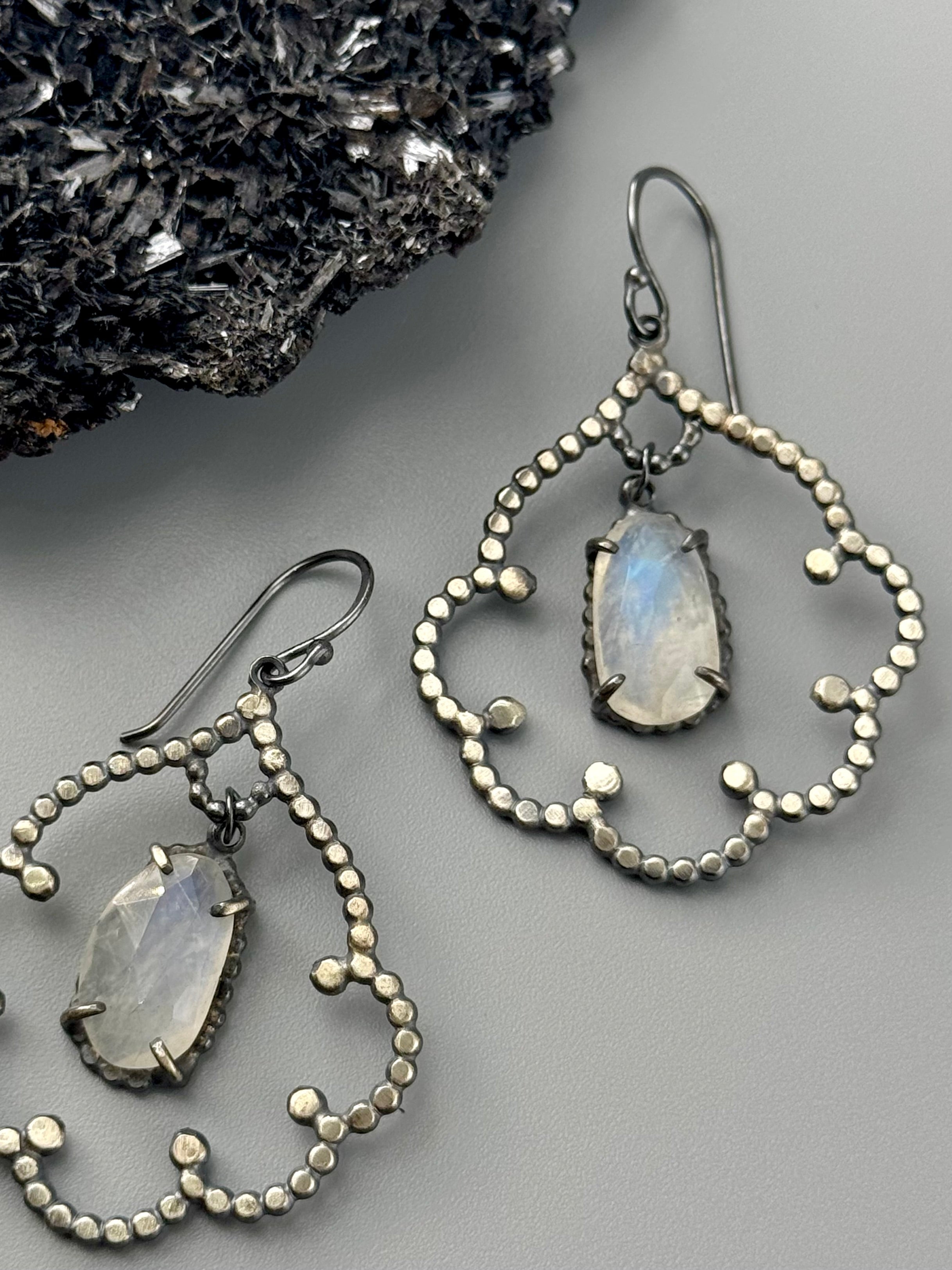 •DOTTED CLOUD• rainbow moonstone + silver dangle earrings