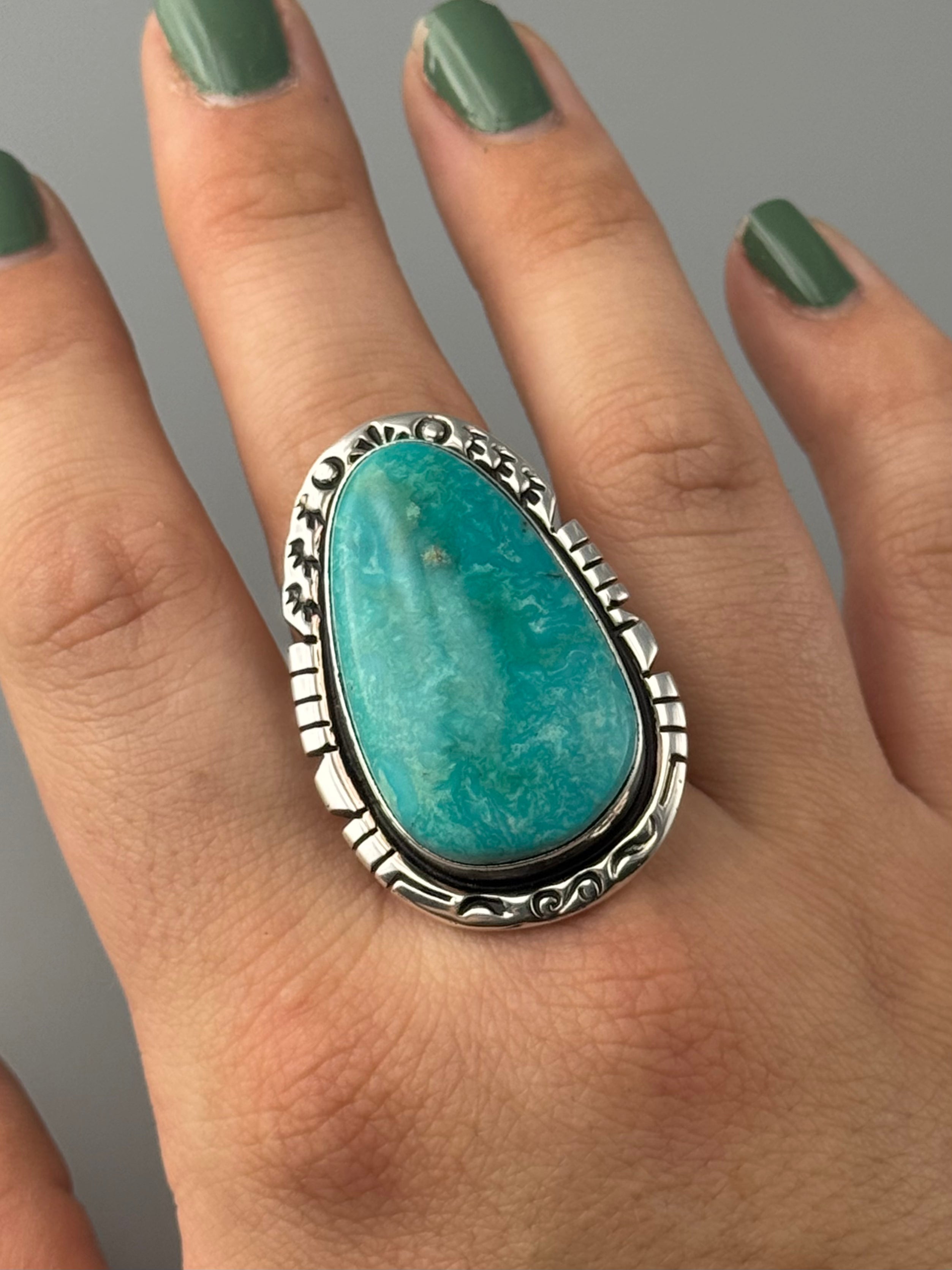 •KINGMAN TURQUOISE - ORENDA• Navajo silver ring (size 9.5)