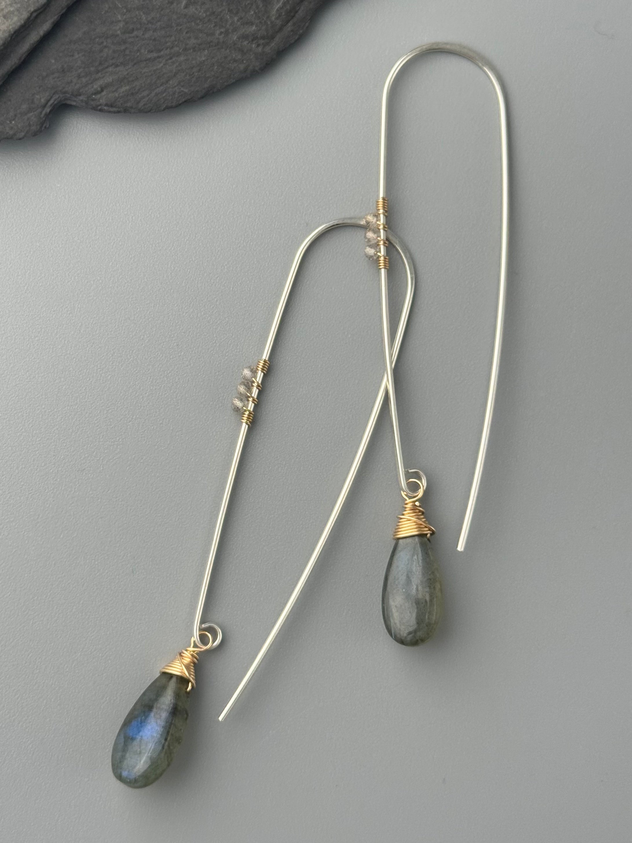 •SLENDER STORM THREADER• labradorite + mixed metal dangle earrings