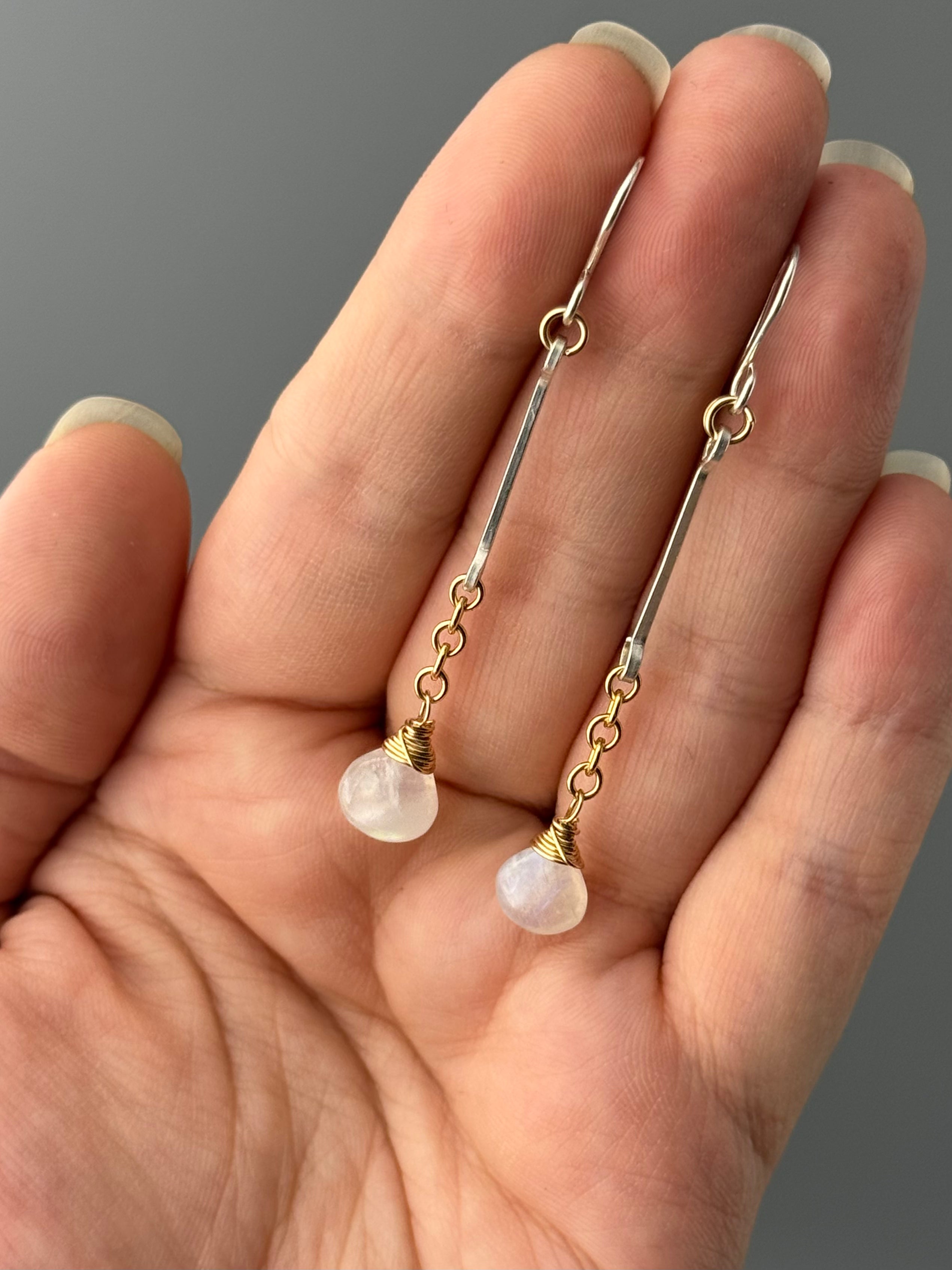 •LINEAR DROP• rainbow moonstone + mixed metal dangle earrings